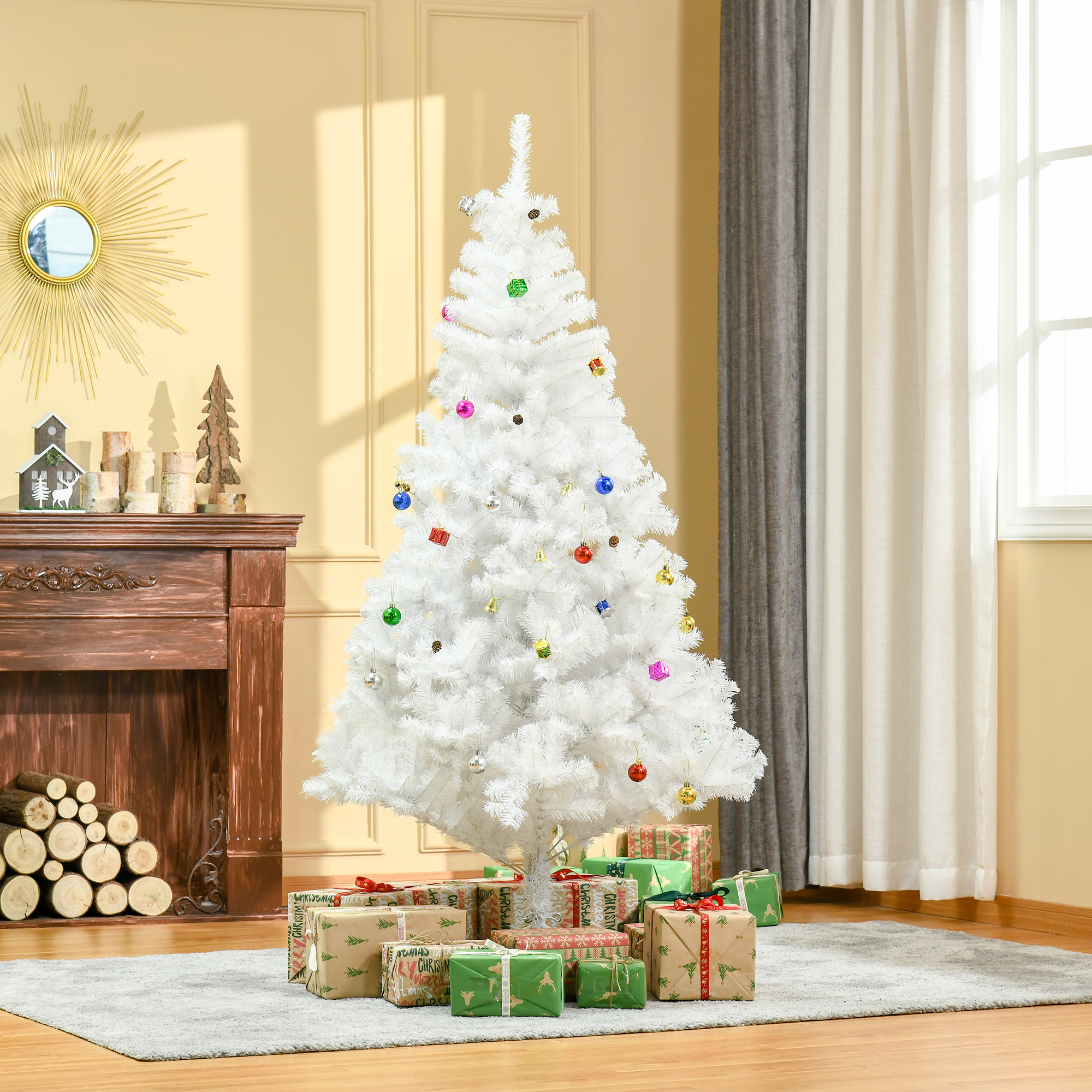 Künstlicher Weihnachtsbaum 180 cm künstlich Tannenbaum mit Kugeln, Glocken, Trommeln, Geschenkboxen, Christbaum mit 930 Spitzen, 12 Tannenzapfen Weihnachtsdeko inkl, Metallständer für drinnen
