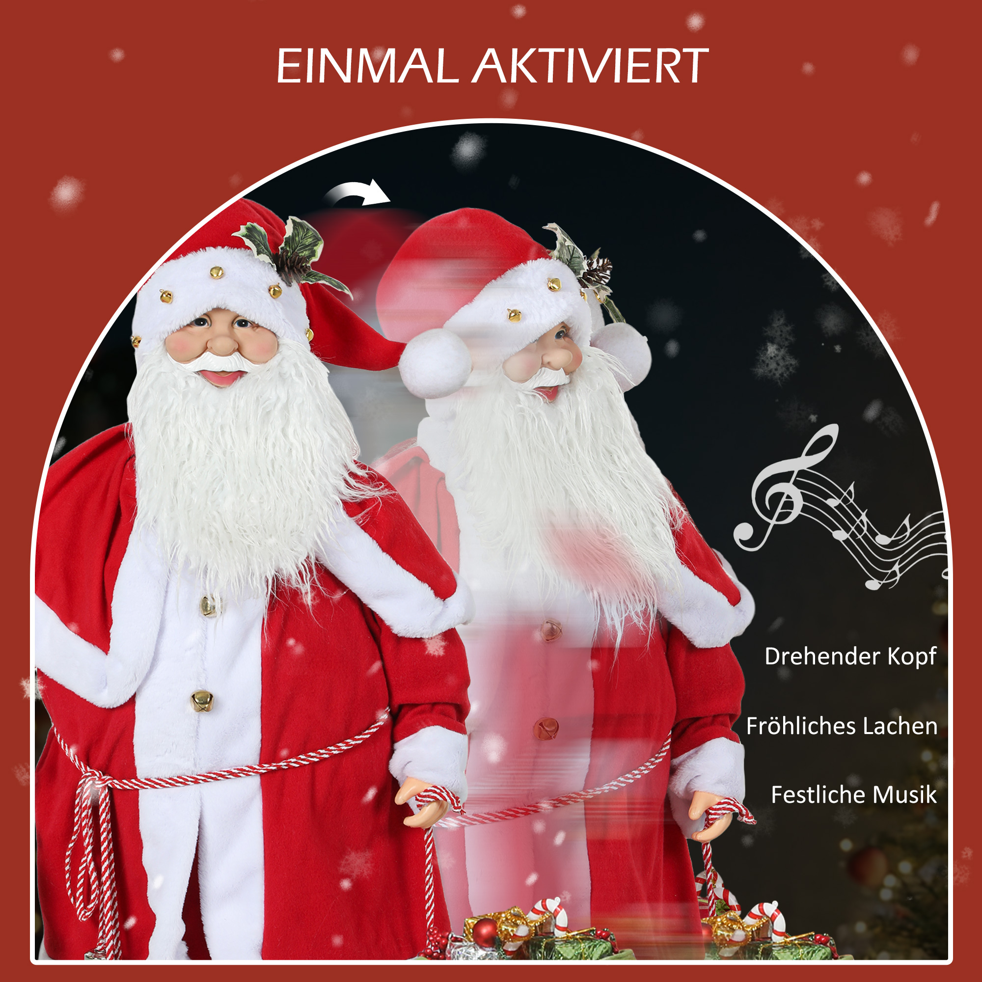 Weihnachtsmannfigur, beweglich, mit Geräuschsensor, Lachen & Musik, 140 cm, Rot