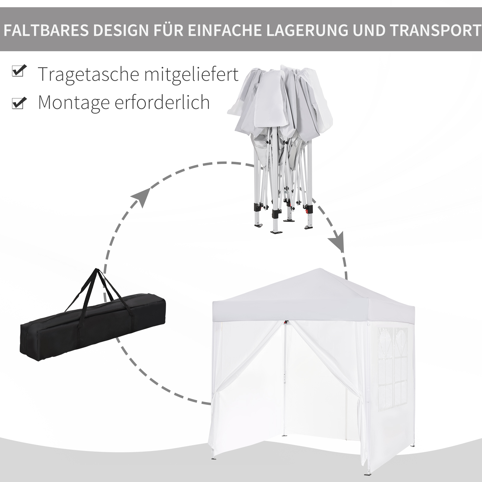 Faltpavillon, Bierzelt, 4 abnehmbare Seitenwände, 2 Fenster, Metallrahmen, 2 x 2m, Weiß