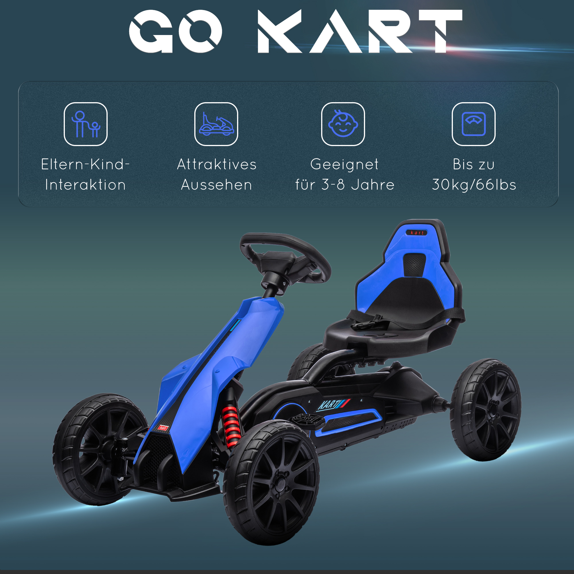 Go Kart Pedal Go Kart Rückwärts-uns Vorwärtsgang, für Kinder von 3 bis 8 Jahren, Blau