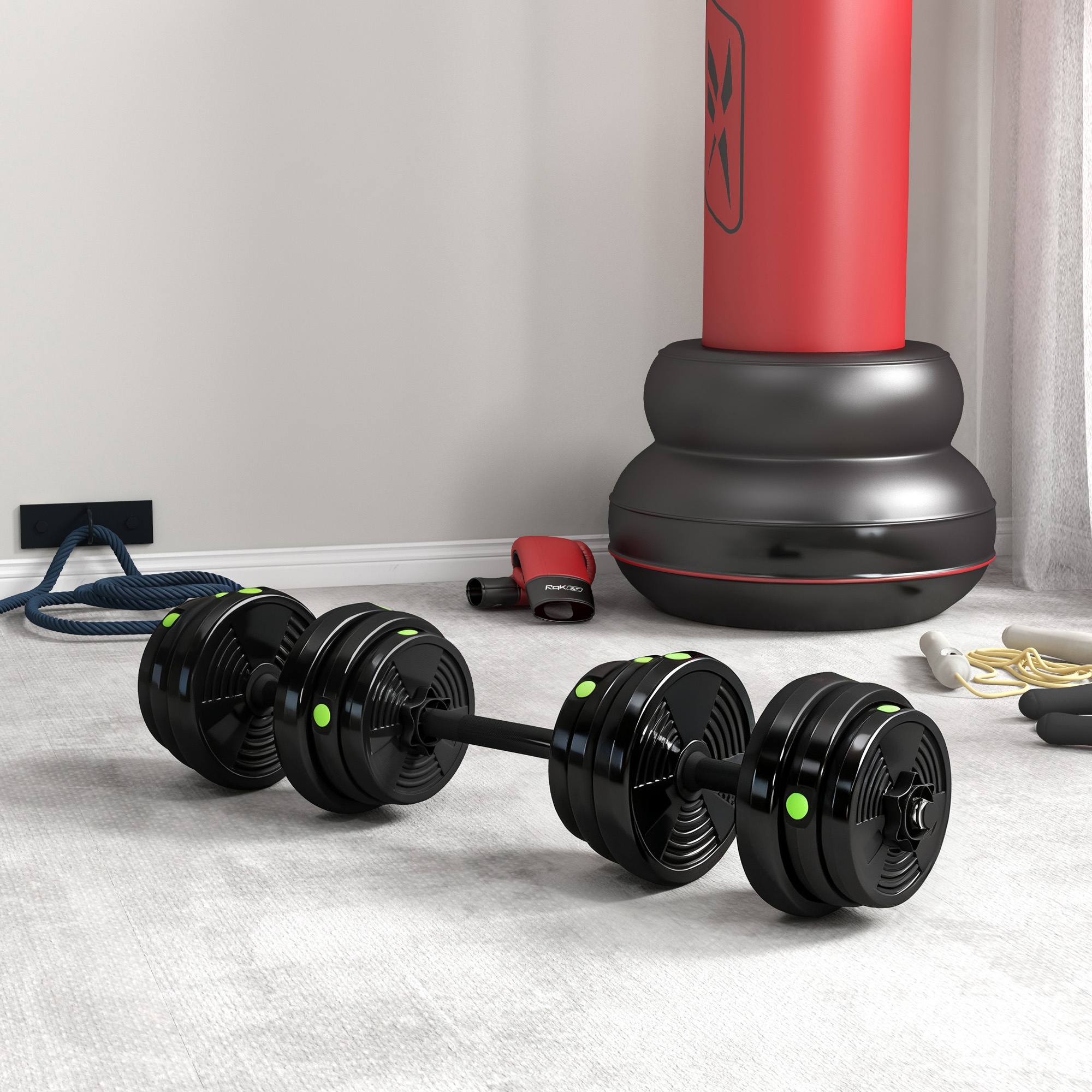 2-in-1 Hantel-Set, Lang- & Kurzhantel, 25 kg, rutschfest, bodenschonend, Schwarz/Grün