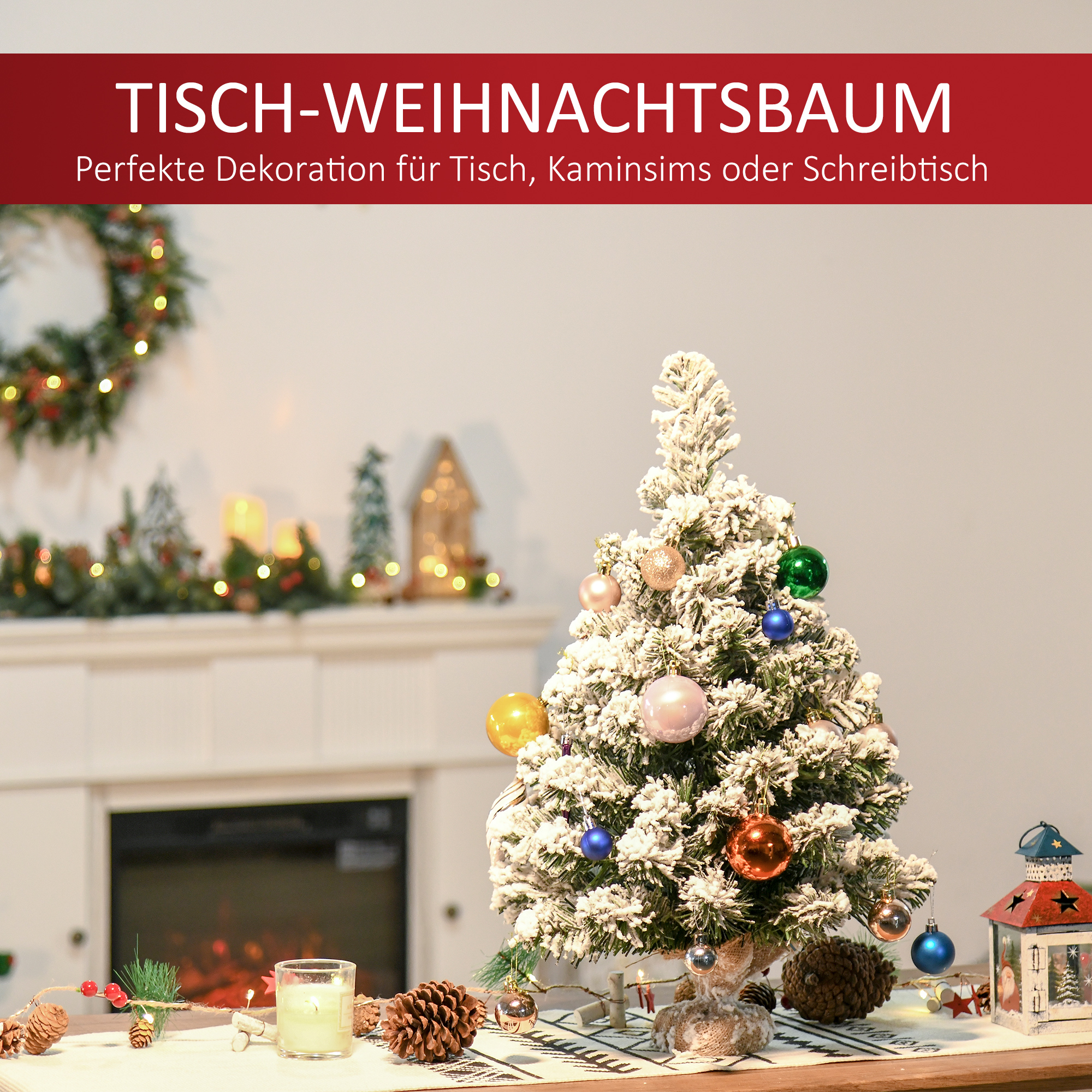 Mini Künstlicher Weihnachtsbaum 60 cm Tannenbaum künstlich mit Schnee, 67 Spitzen Zementbasis für drinnen Büro