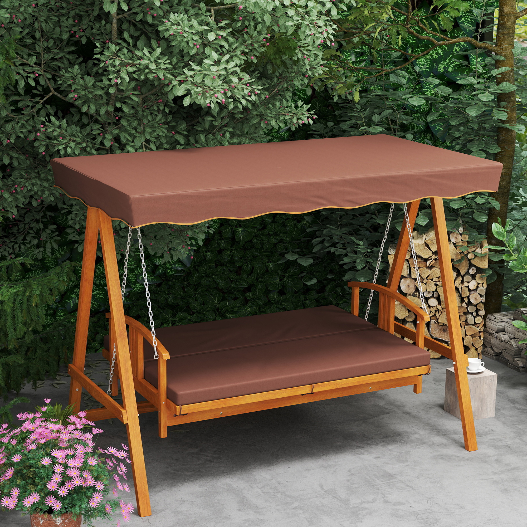 Hollywoodschaukel mit Sonnendach, Echtholz-Gartenschaukel, Schaukelbank mit Liege-Funktion, für 3 Personen, Braun