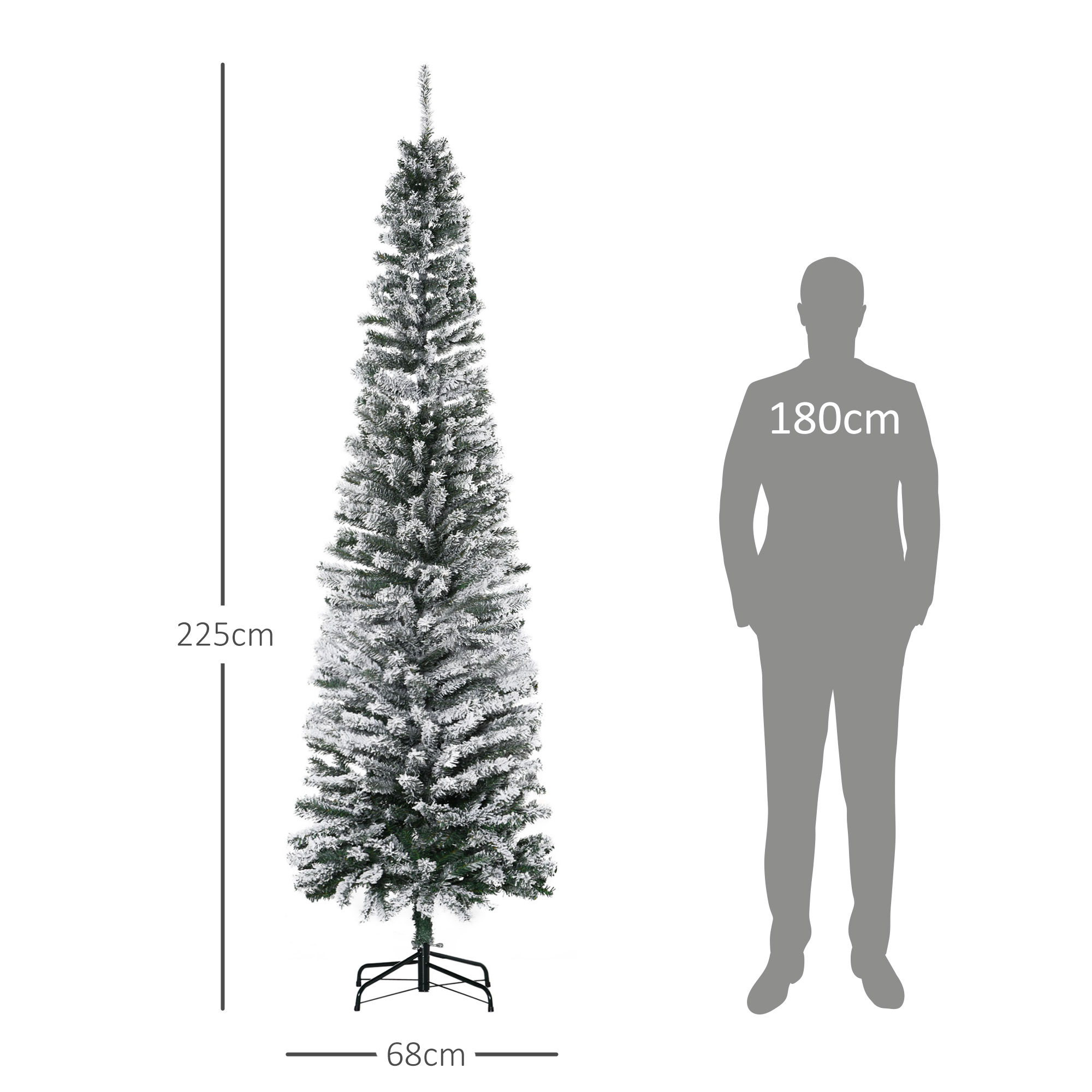 Künstlicher Weihnachtsbaum 225 cm Bleistift Kiefernbaum mit Schnee, 738 Spitzen für drinnen