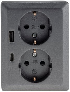 MILOS Schutzkontakt-Steckdose 2-fach - 250V~/ 16A, 1x UP, USB A+C/PD, anthrazit