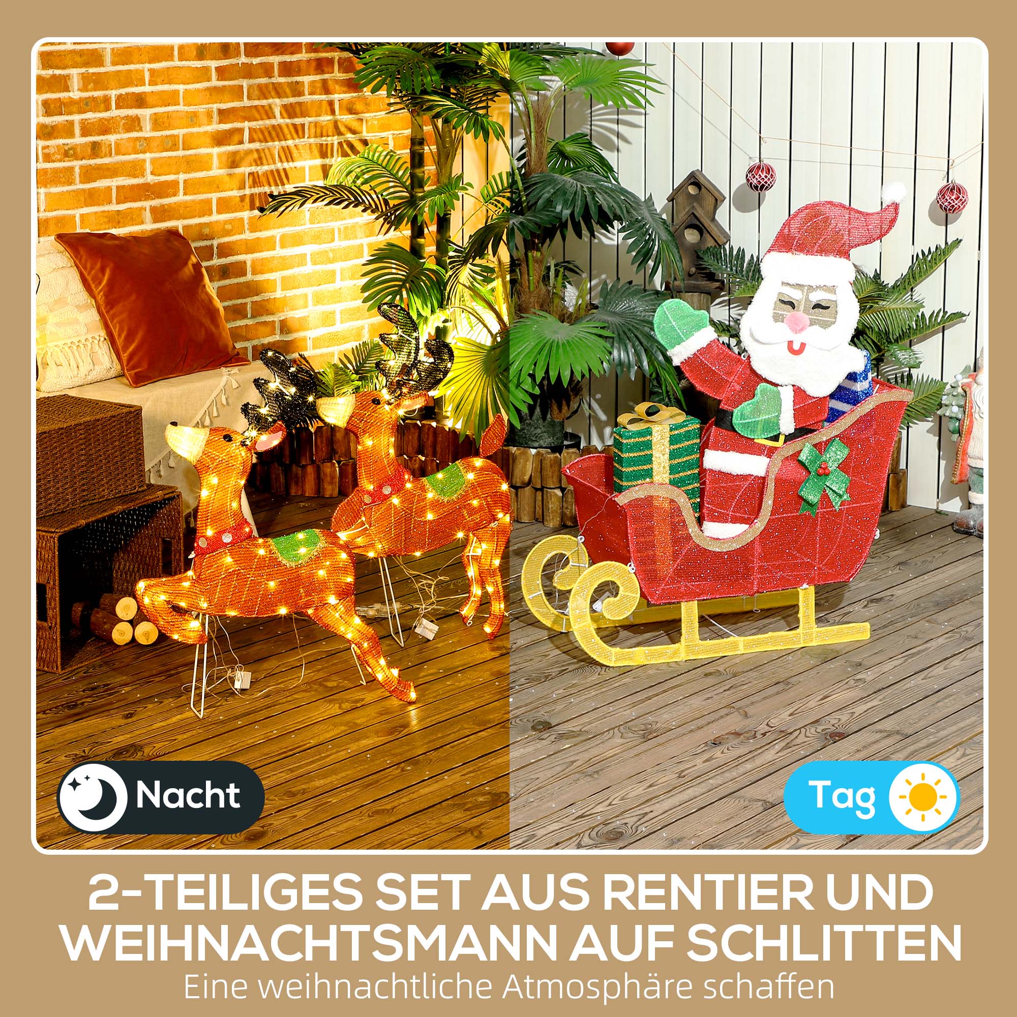 Leuchtende Weihnachts-Dekoration, Weihnachtsmann auf Schlitten mit Rentieren, 246 LED-Lichter, Bodenspieße, Mehrfarbig