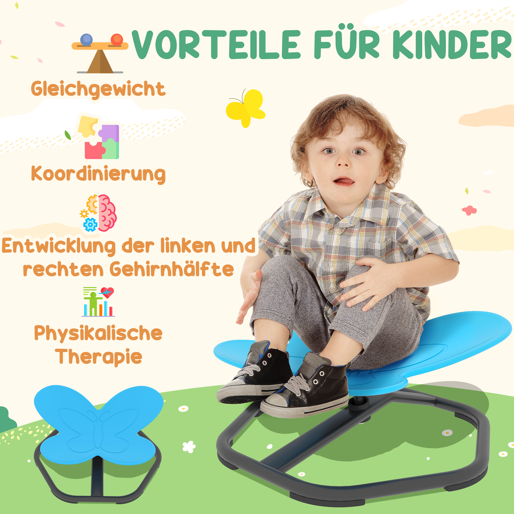 Sensorischer Drehstuhl für Kinder, Schmetterlings-Form, fördert Balance und Koordination, Kunststoff, Metall, Blau