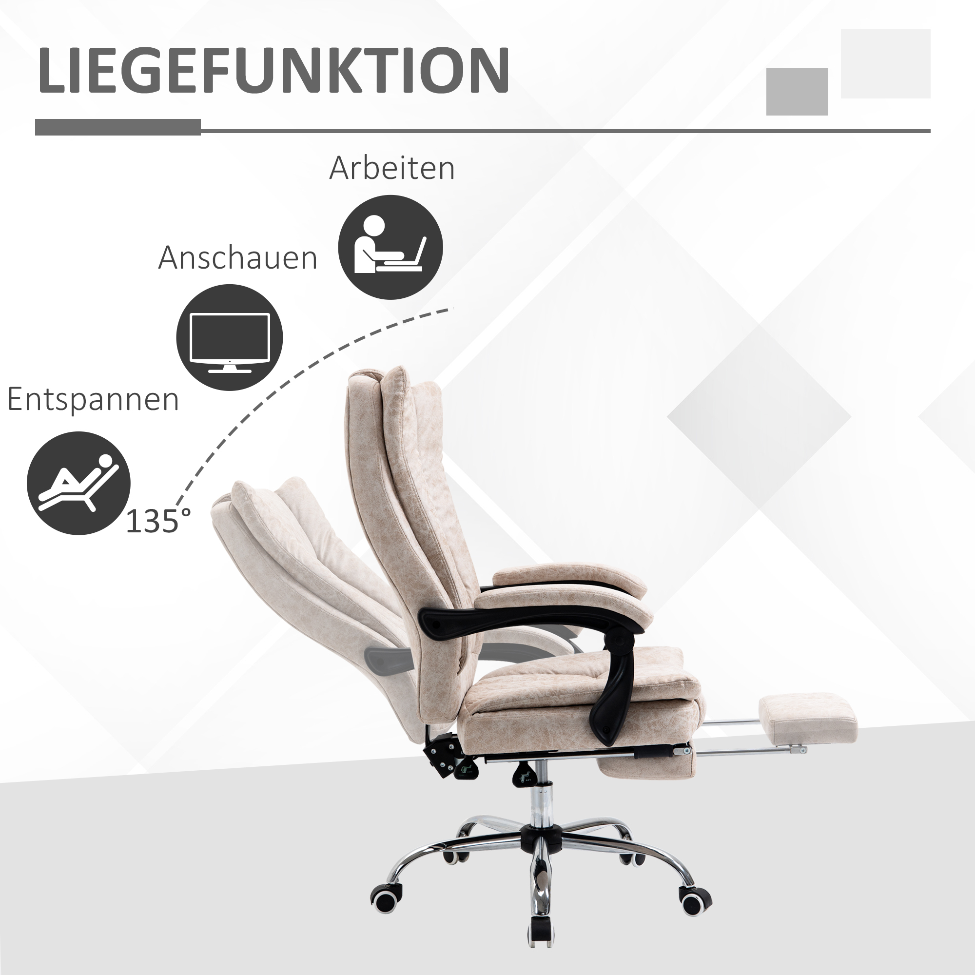Bürostuhl Drehstuhl mit Liegefunktion Fußstütze Bürosessel Sitzhöhenverstellung Stuhl Schreibtischstuhl Mikrofaser Kunststoff Metall Nylon Beige+Schwarz+Silber 63 x 71 x 110-118 cm