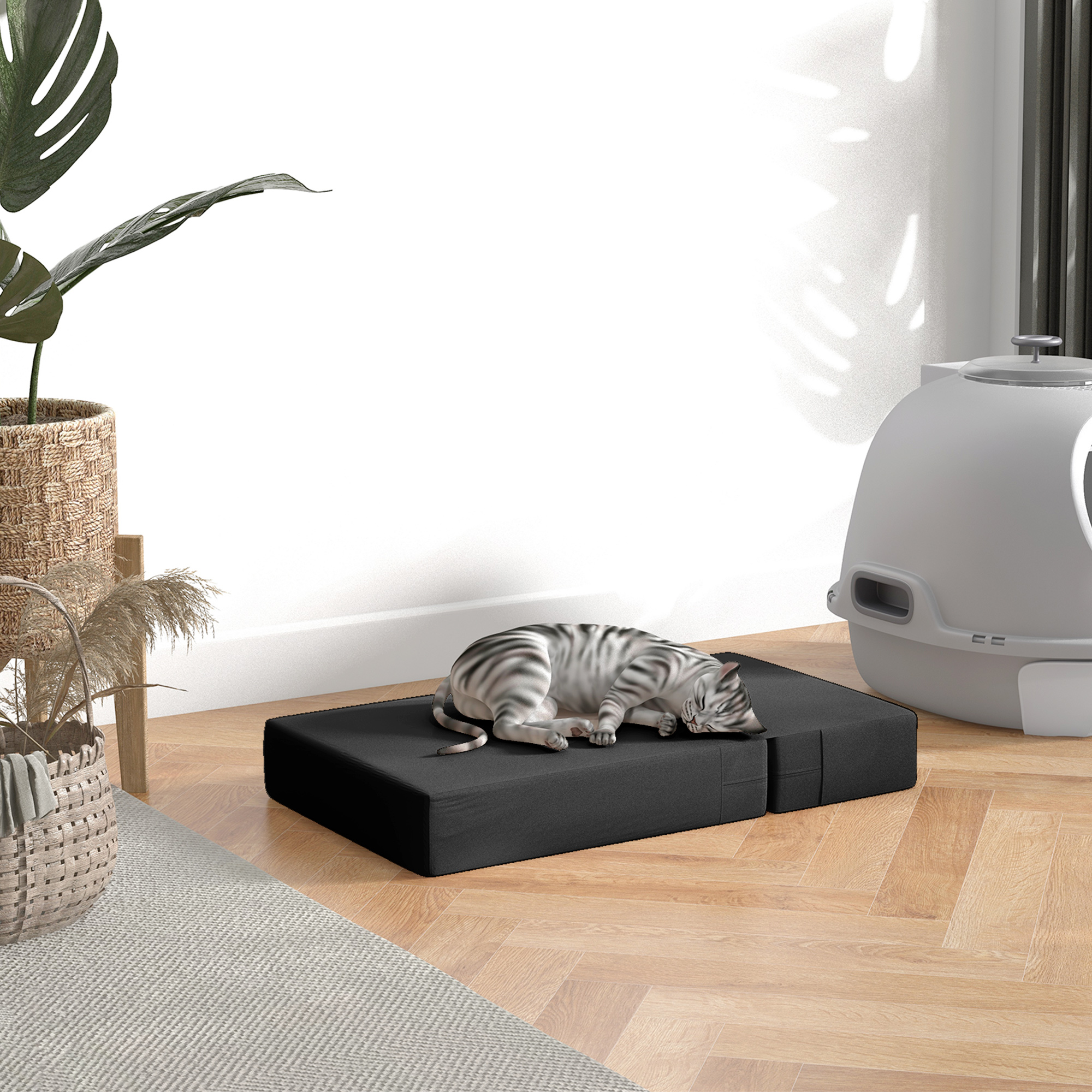 Haustiertreppe Tierunterlage 2 Stufen Klappbar Hundetreppe Treppe Unterlage für Katzen und Hunde Schwarz L45 x B39 x H20 cm