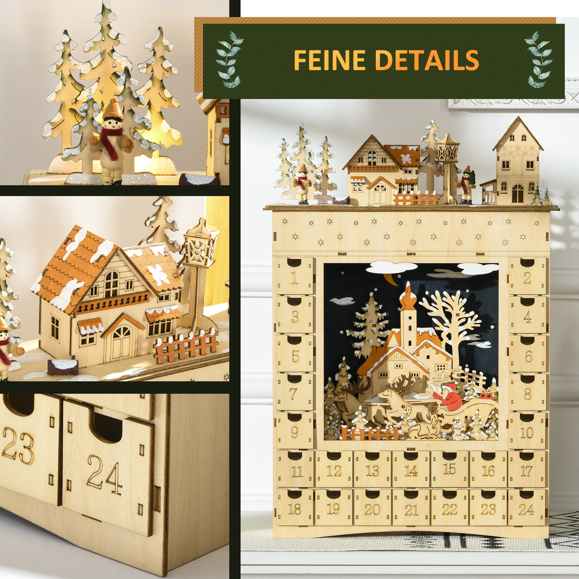 Adventskalender zum Befüllen 24 Schubladen Fächer Weihnachtskalender mit LED-Lichtern Naturholz 36 x 9 x 52 cm