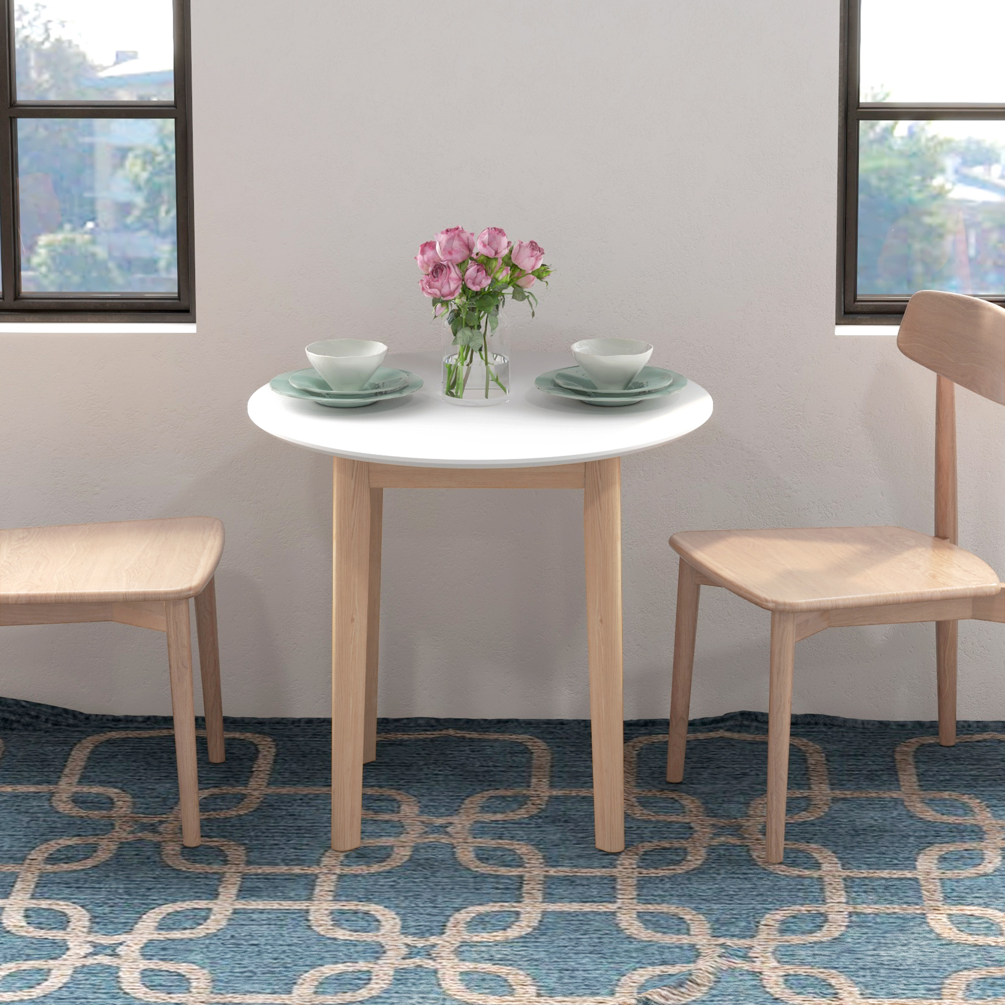 Esstisch Küchentisch Runder Tisch, Skandi-Design, 75 cm x 75 cm x 76 cm, Weiß + Natur