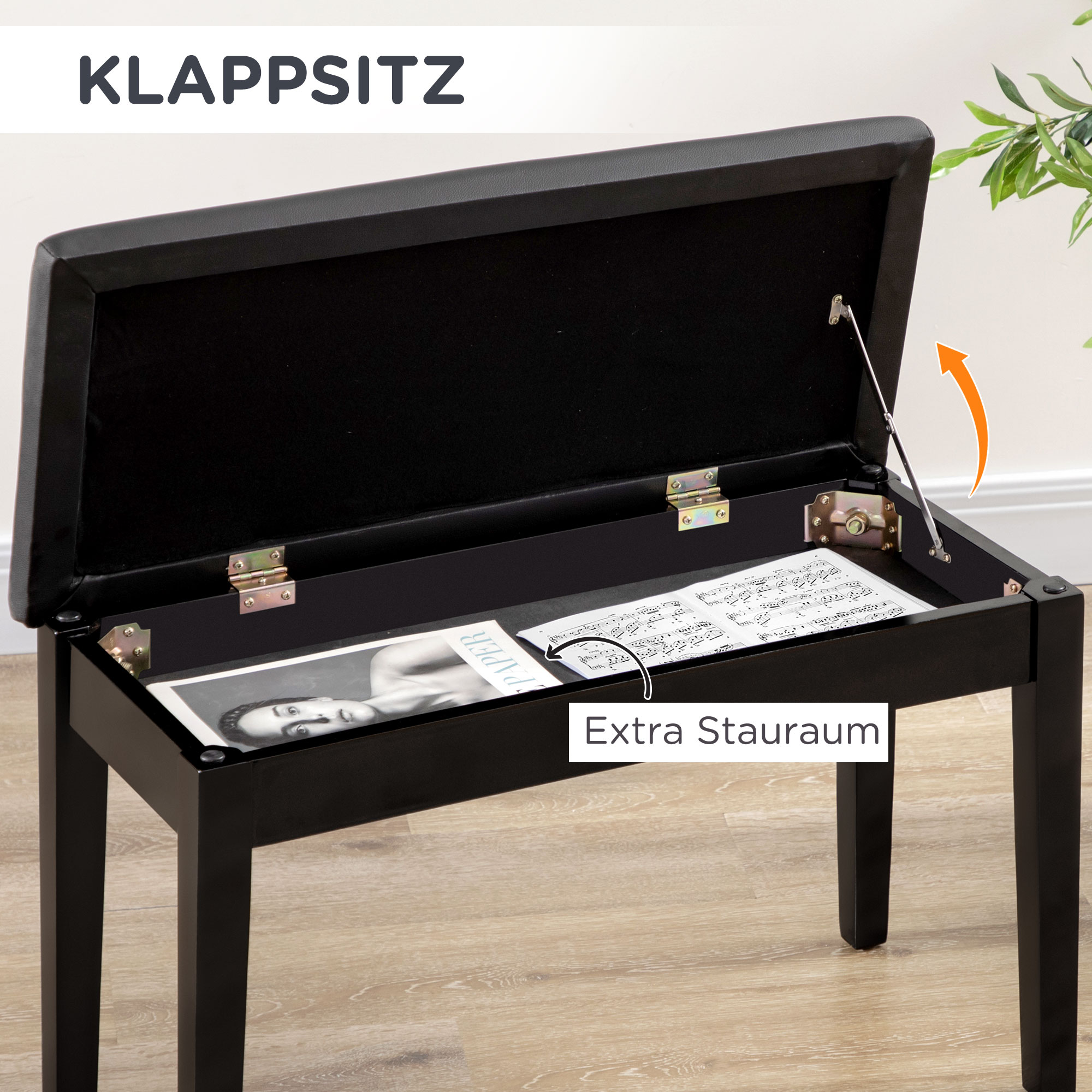 Klavierbank, Pianobank für 1 Person, gepolstert, Holzbeine, Schwarz