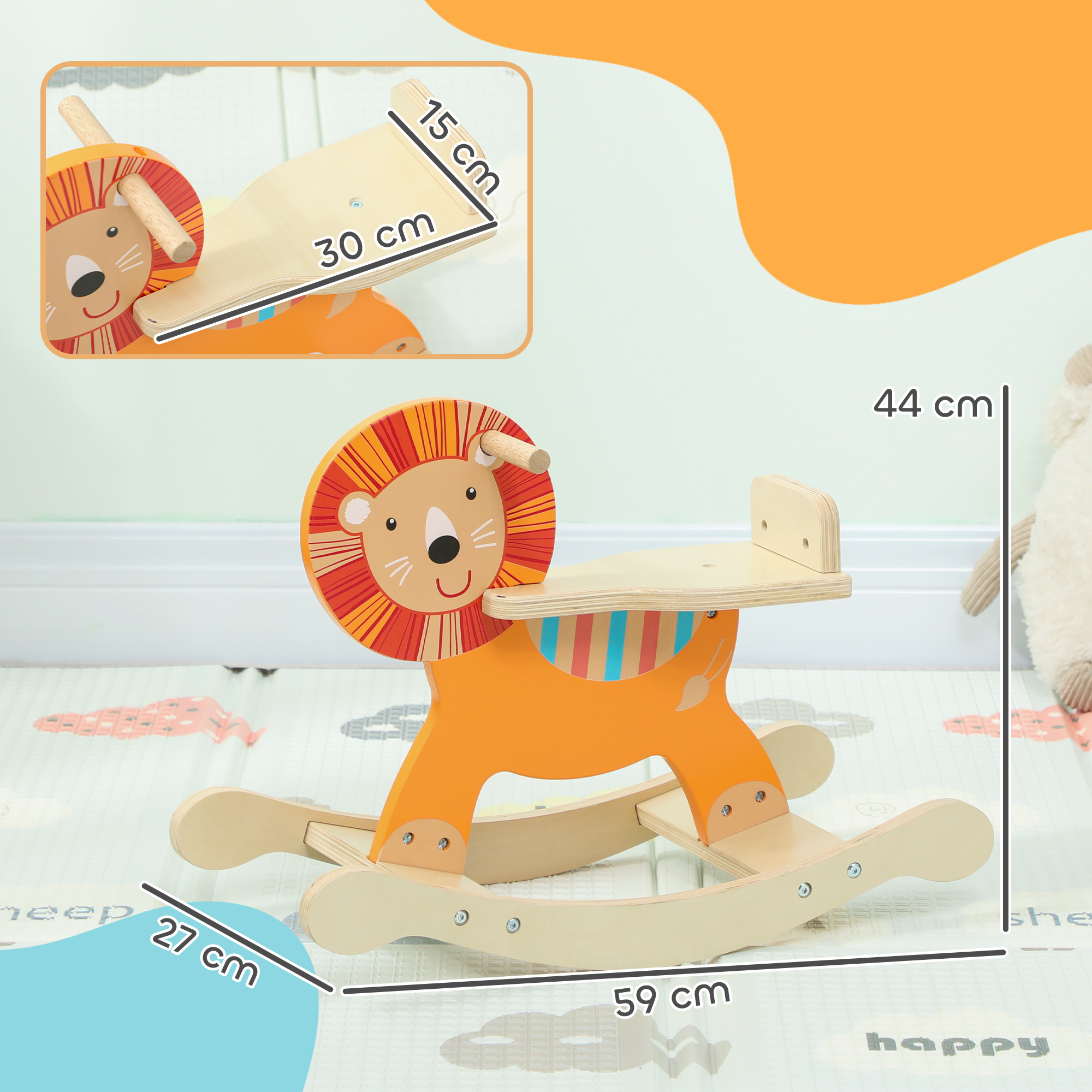 Schaukelpferd mit Löwen-Design, 25 kg Belastbarkeit, 2-5 Jahre, Holz, Orange