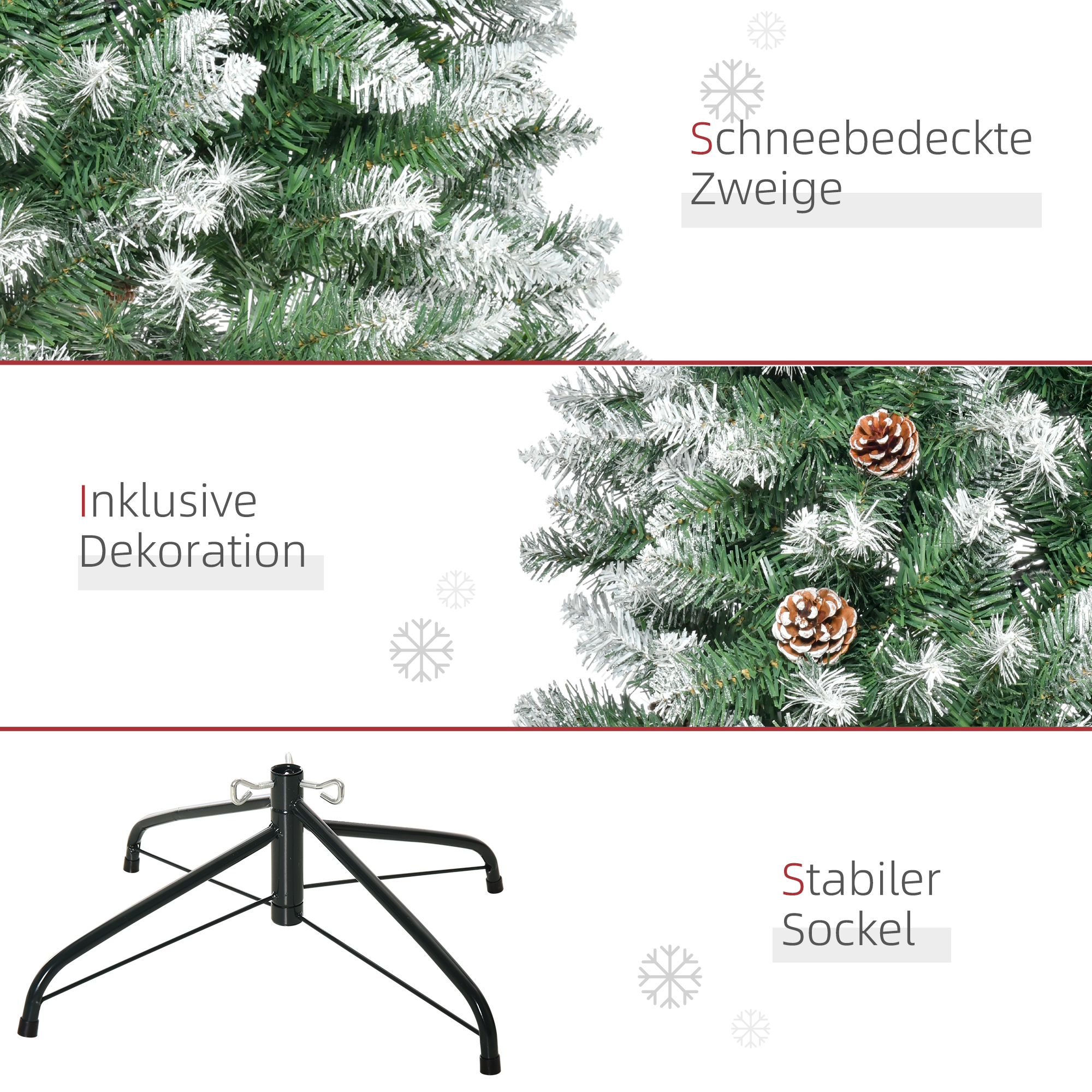 Künstlicher Weihnachtsbaum, 630 Zweige, 37 Zapfen, verschneite Spitzen, feuerfest, 180 cm