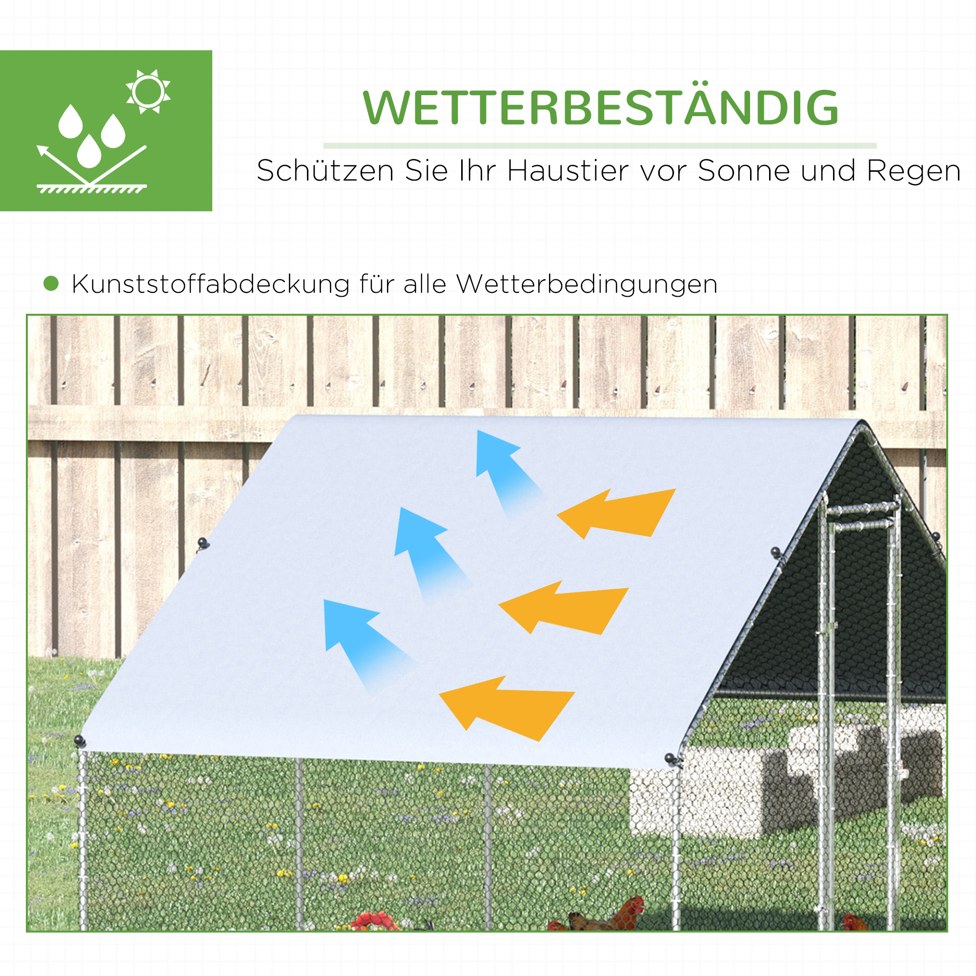 Hühnerstall, Freilaufgehege, Geflügelstall mit Schattendach, Freigehege für 4-6 Hühner, Enten Kaninchen, 3 x 2 x 2 m