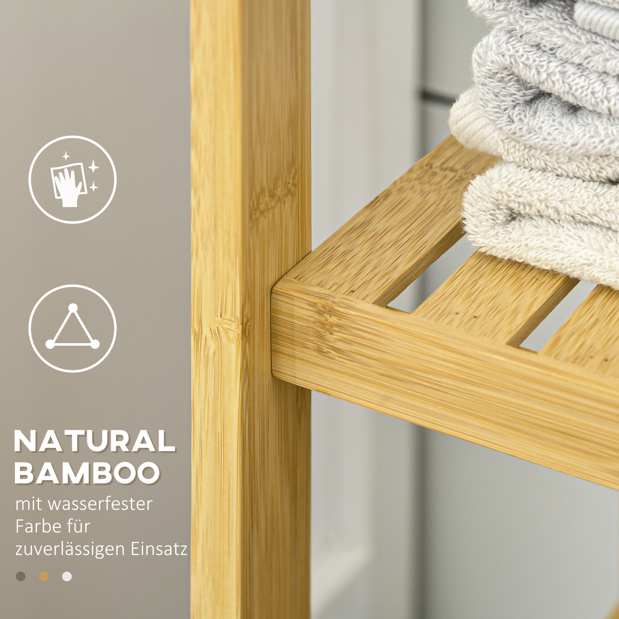 Badezimmerschrank aus Bambus, 3 Regale, 1 Schrank mit Lamellentüren, Natur