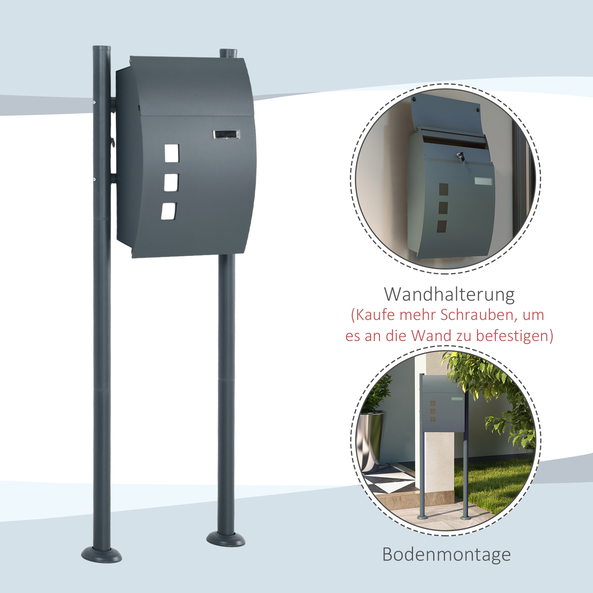 Briefkasten Postkasten, Verriegelung, Standbriefkasten, 2 Schlüssel, Stahl, 44 cm x 15 cm x 114 cm,  Grau