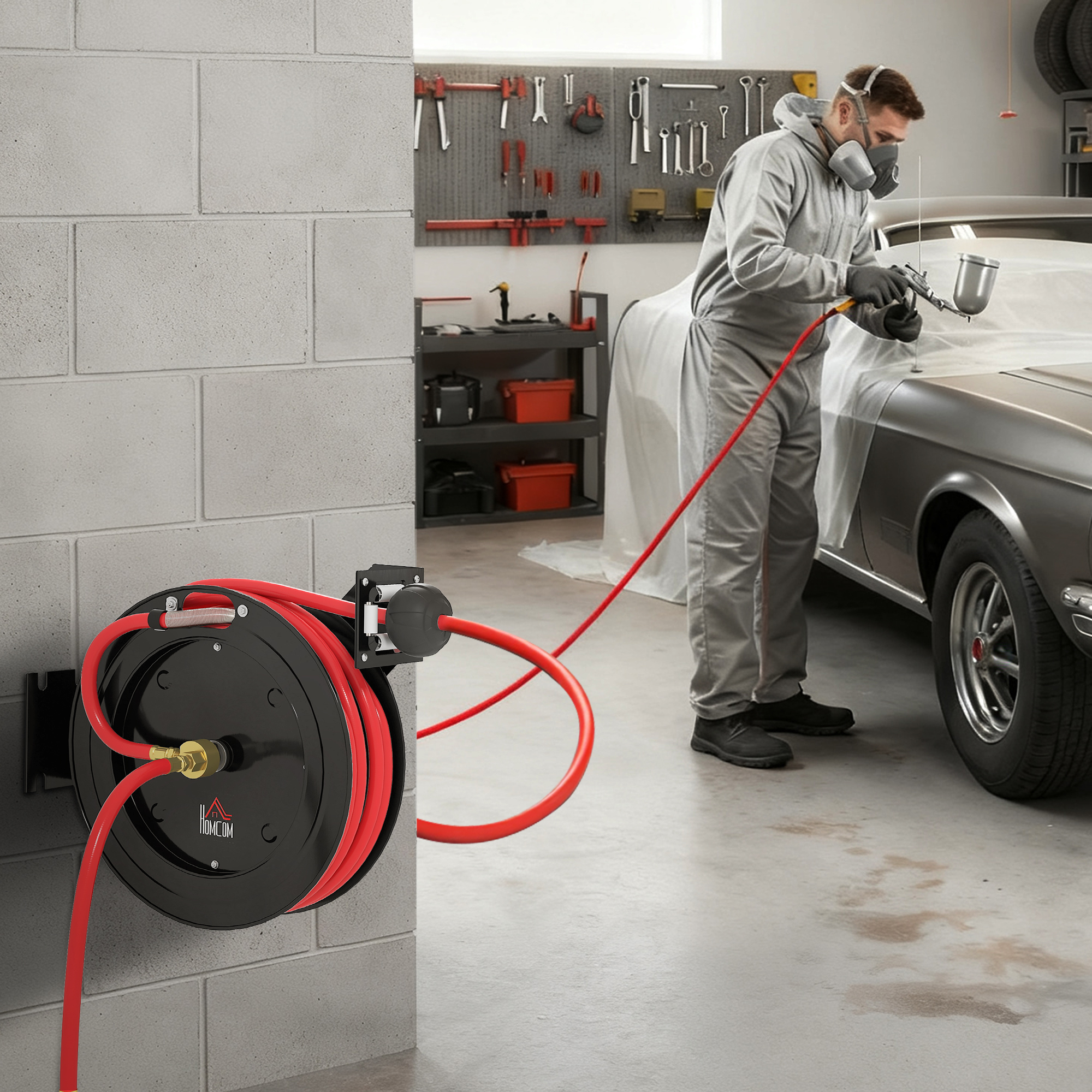 Wandmontierte Gartenschlauchrolle, automatisches Zurückziehen, 20 bar Wasserdruck, 15+1 m Wasserschlauch, Metall