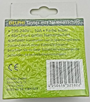 DELPHI Taster mit Namensschild - 0-250V~/ 10A, inkl. Rahmen, UP, silber