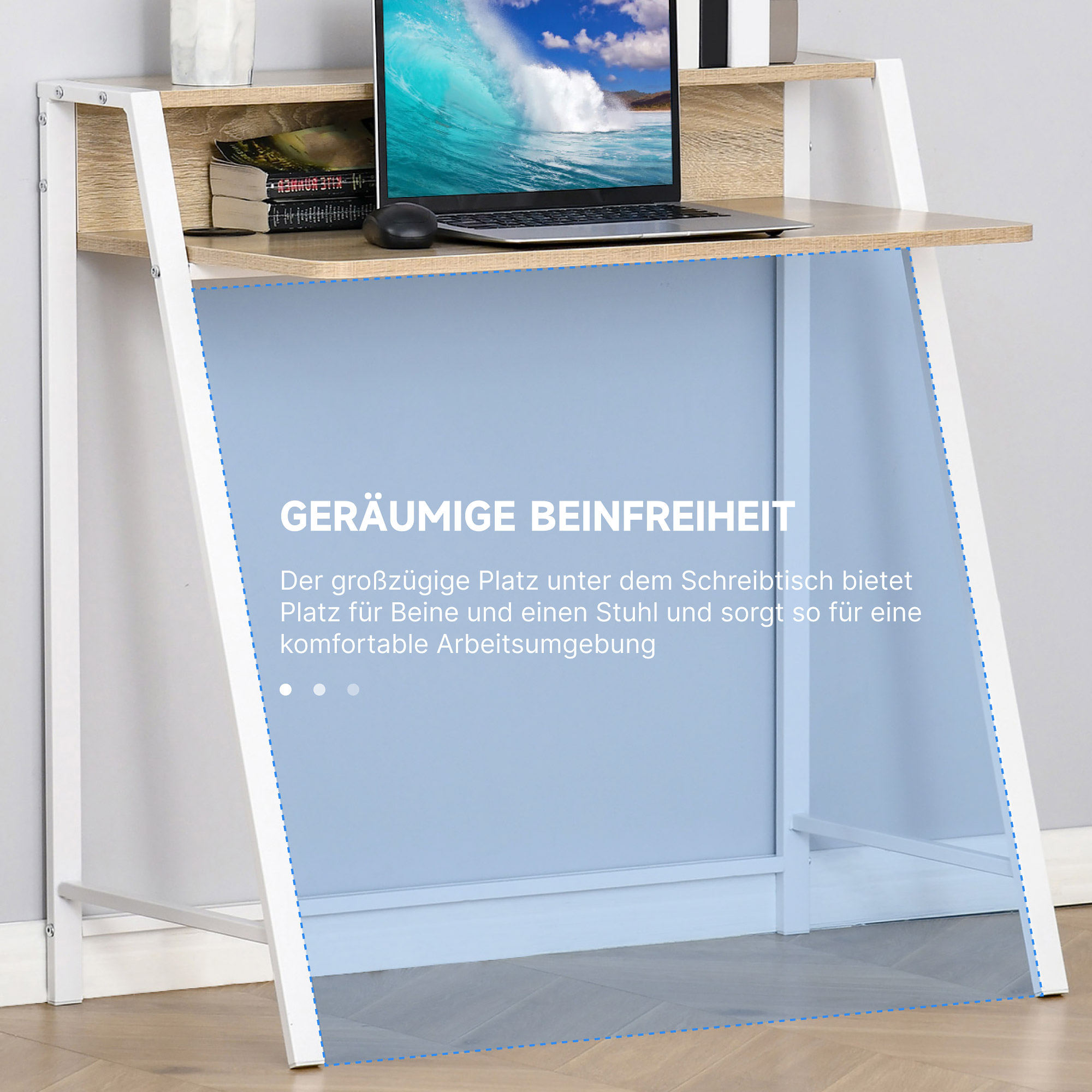 Schreibtisch, Computertisch mit Ablage und Kabel Management, moderner Schreibtisch mit Metallgestell für Arbeitszimmer, Schlafzimmer, Home Office, 84 x 45 x 85 cm, Weiß+Eiche