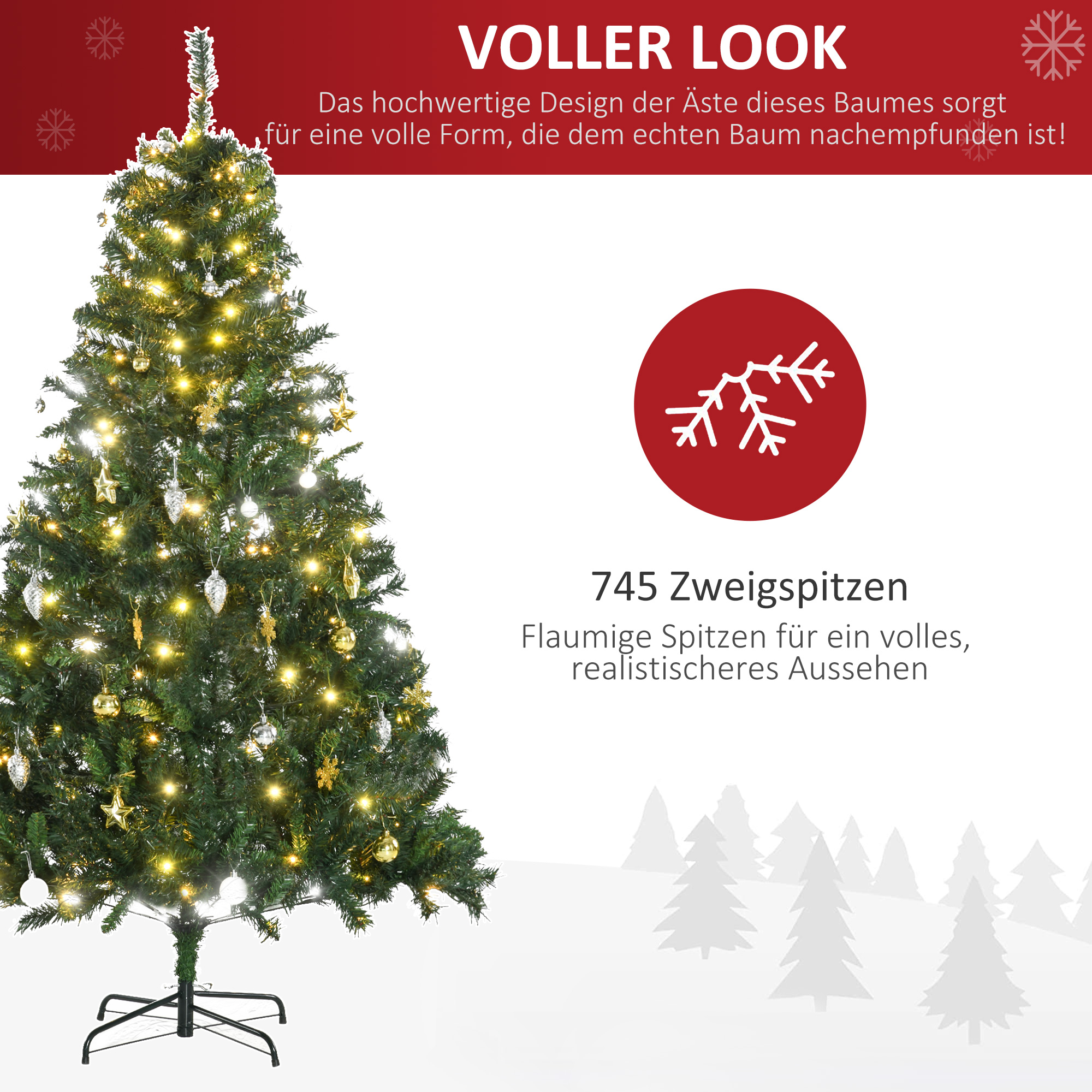 Künstlicher Weihnachtsbaum 180 cm künstlich Tannenbaum mit LED Beleuchtung, Kugeln, Christbaum mit 745 Spitzen, Weihnachtsdeko inkl, Metallständer für Drinnen