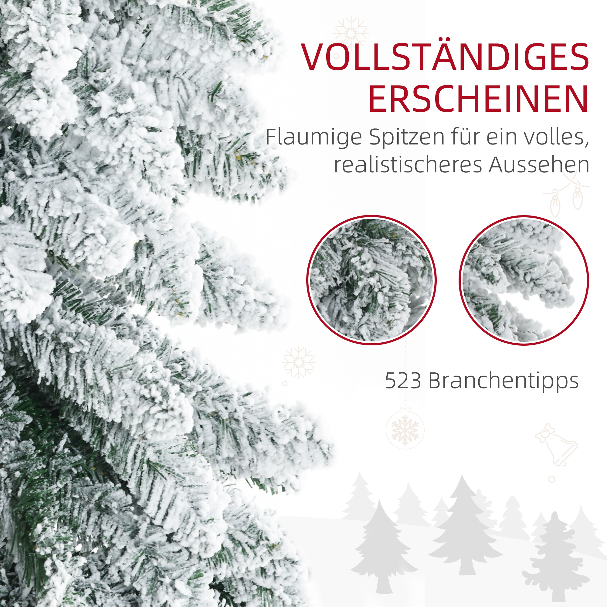 Künstlicher Weihnachtsbaum, 1,80 m, mit 523 Zweigen, Kunstschnee, lebensechtes Aussehen, schlanke Form