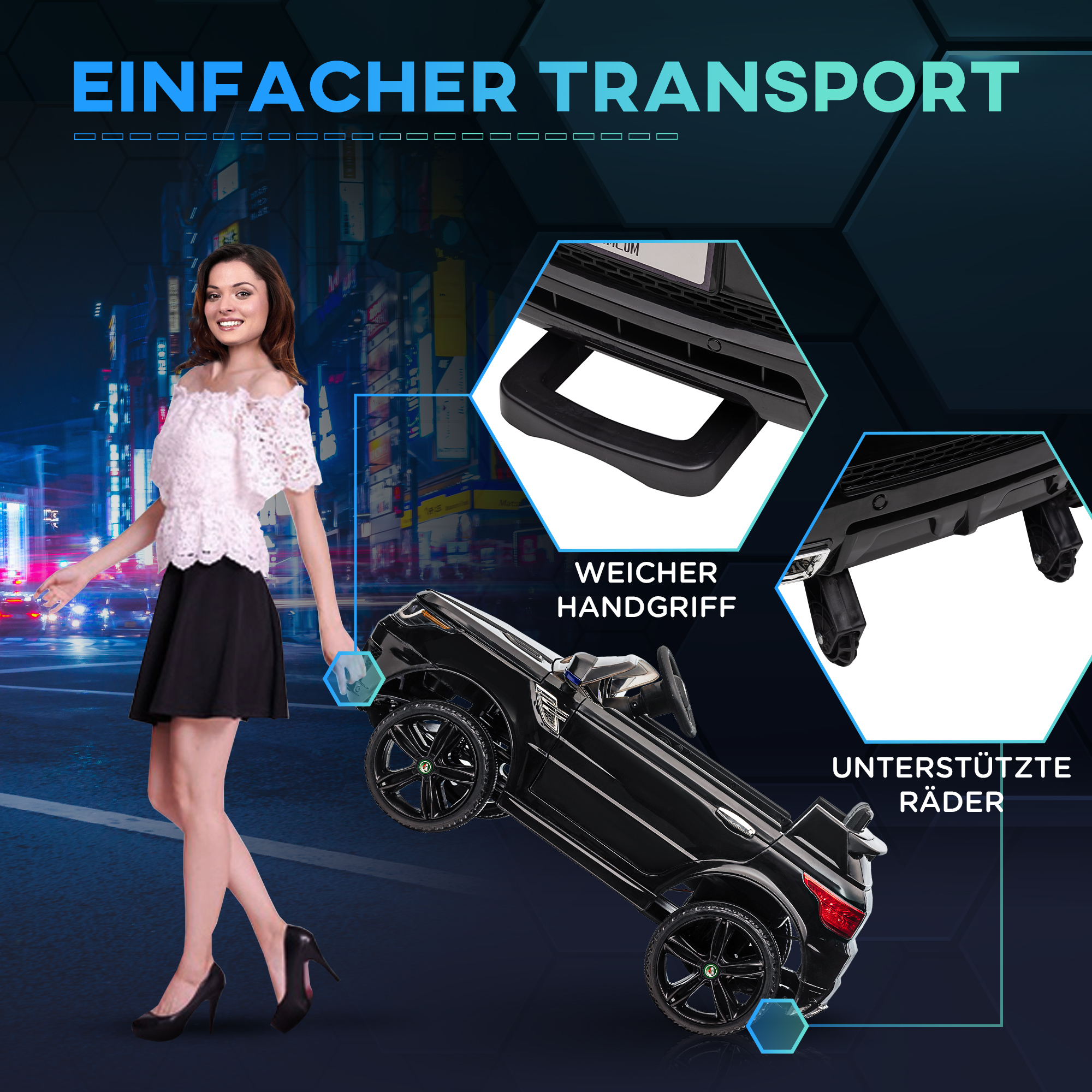 Kinder-Elektroauto SUV, bis 5 kmh/h, mit Sicherheitsgurt, Fernbedienung, Scheinwerfern, Musikfunktion, schwarz