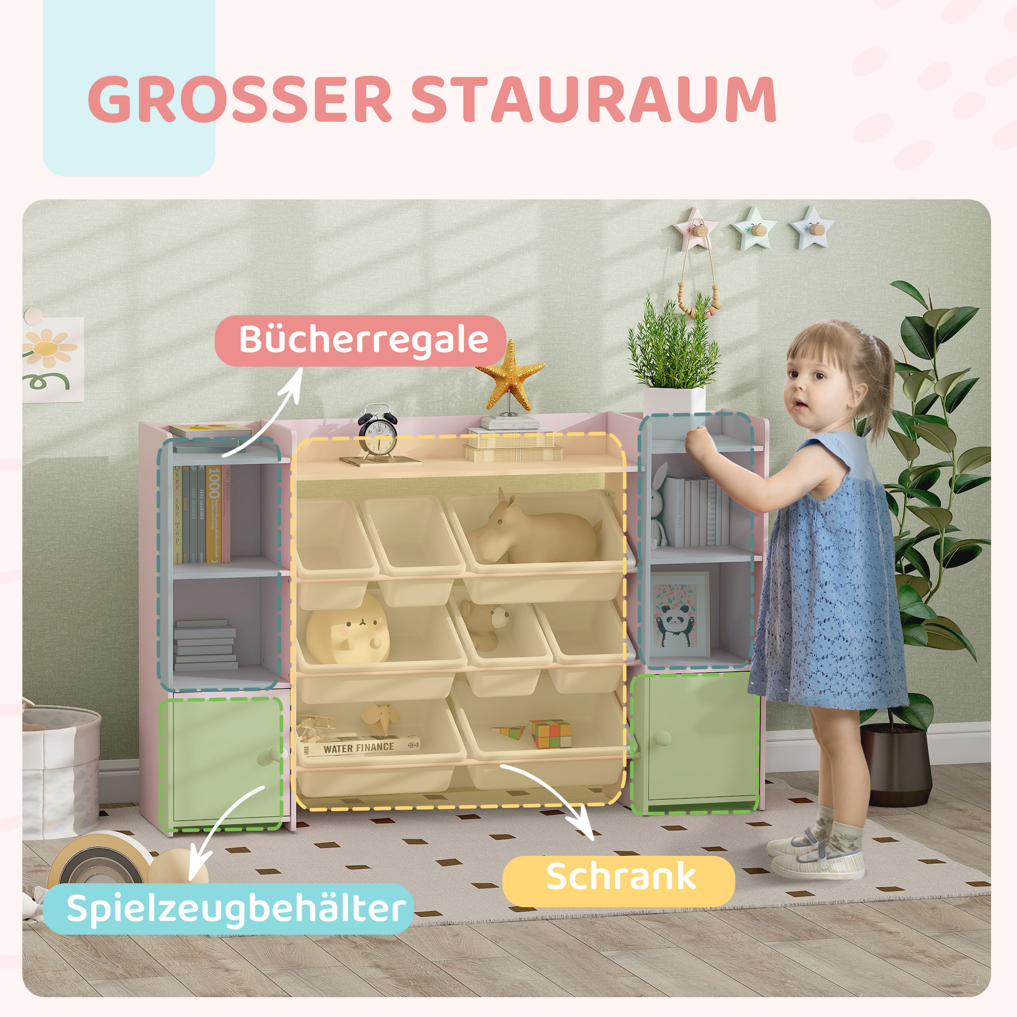Kinder-Aufbewahrungsregal, Regal für Spielzeug und Bücher, zum übersichtlichen Aufräumen, 8 herausnehmbare Boxen, Rosa