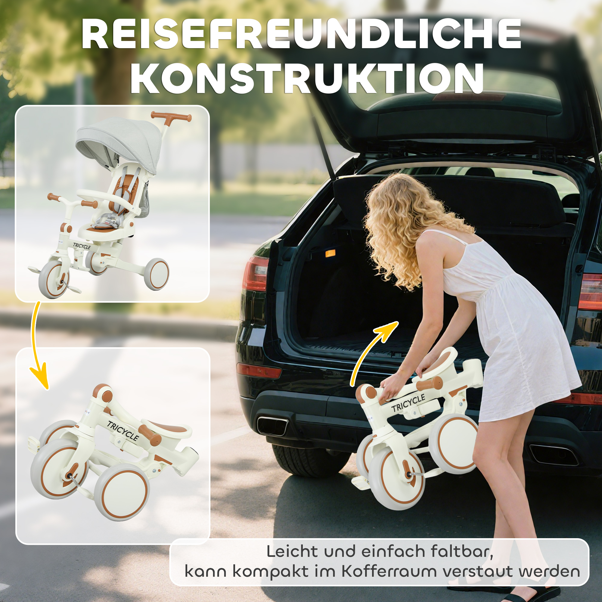 Kinder-Dreirad, wandelbarer Baby-Buggy, 5-in-1 Design, abnehmbarer Schiebegriff, verstellbar, Sicherheitsgurt, Aufbewahrungstasche, 1-3 Jahre, Cremeweiß