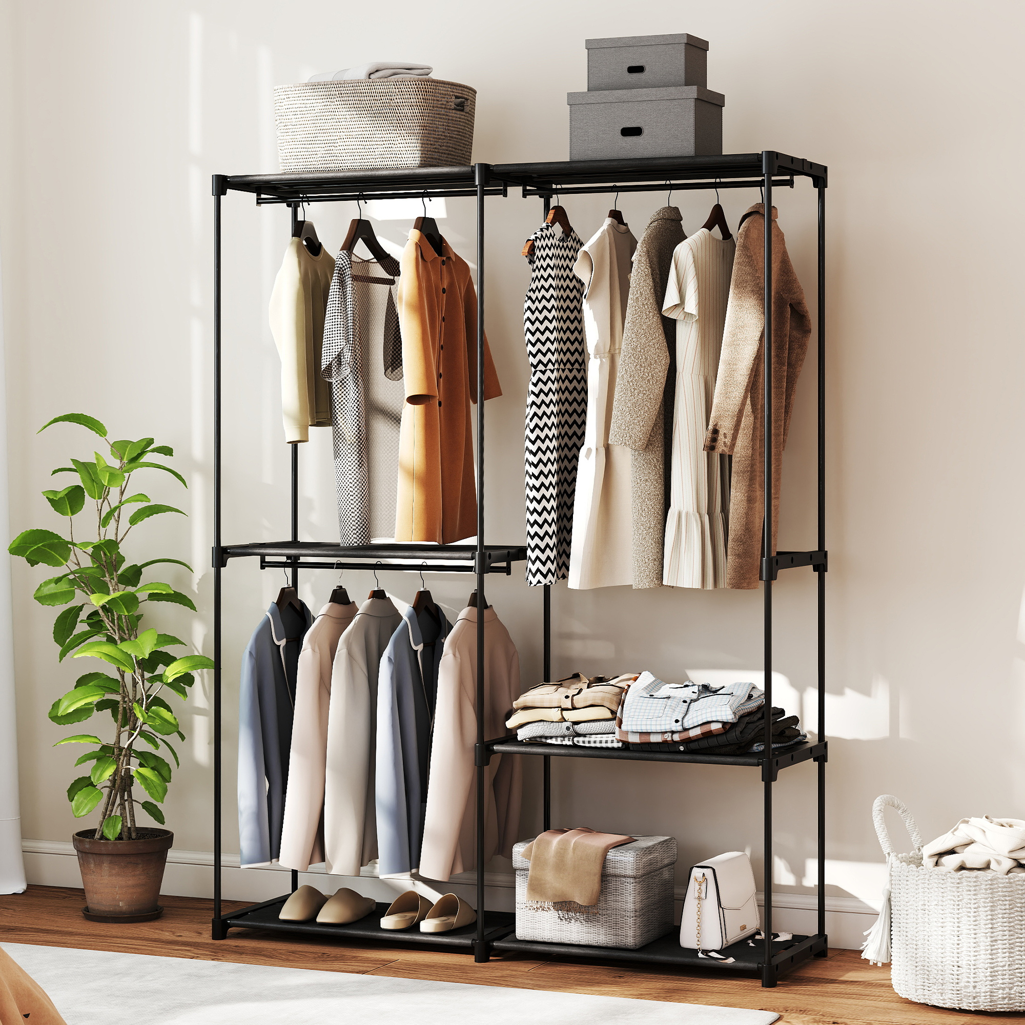 tragbarer Kleiderständer, Metallrahmen, Stoffregale, viel Platz, Schwarz