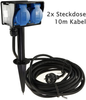 Gartensteckdose mit Erdspieß, 2-fach - IP44, 10m Kabel