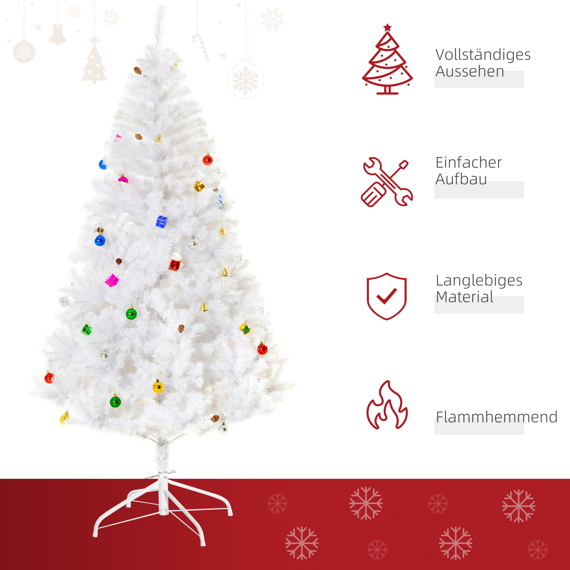 Künstlicher Weihnachtsbaum 180 cm künstlich Tannenbaum mit Kugeln, Glocken, Trommeln, Geschenkboxen, Christbaum mit 930 Spitzen, 12 Tannenzapfen Weihnachtsdeko inkl, Metallständer für drinnen