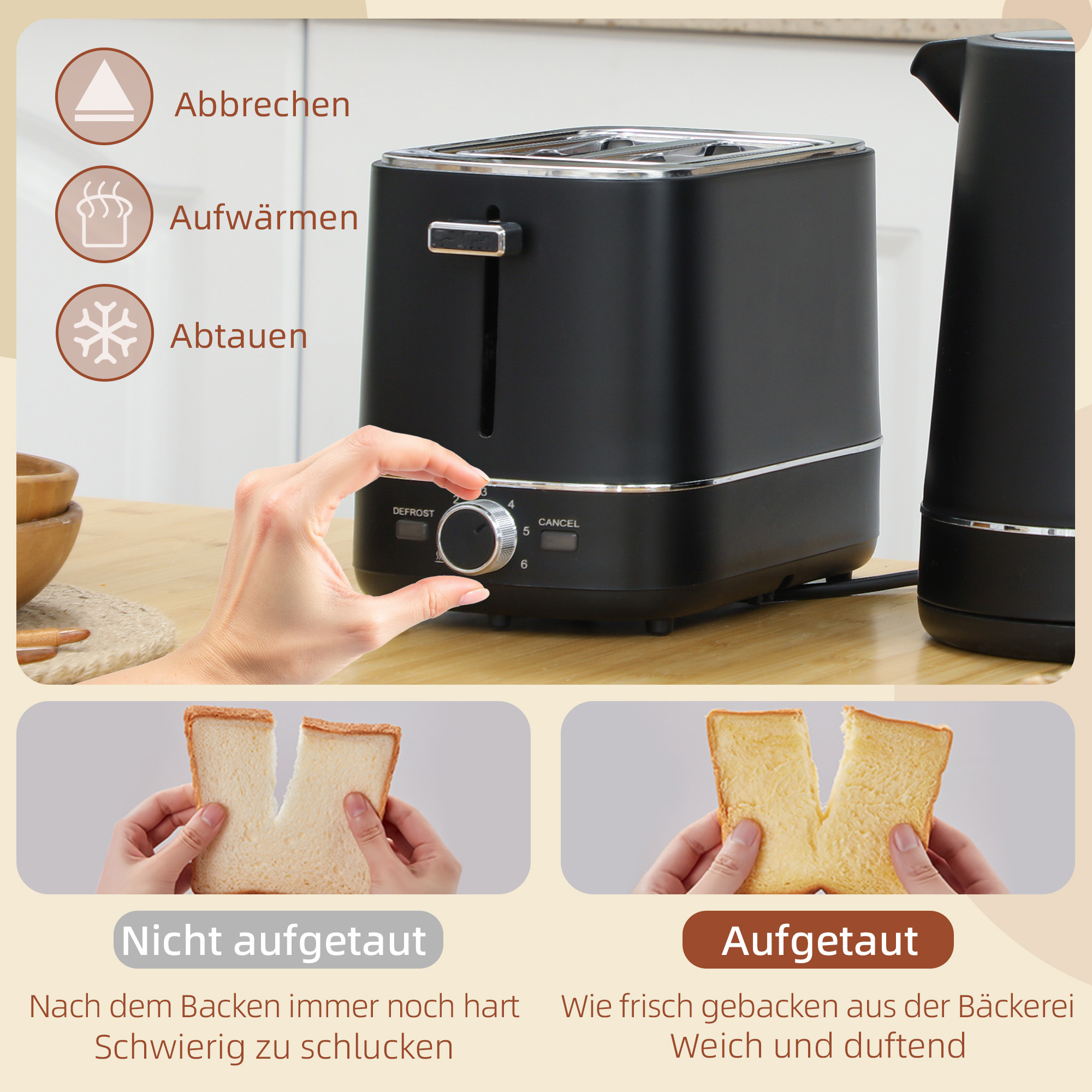 Set aus 1,7 L Wasserkocher und Toaster mit 6 Bräunungsstufen, Schwarz/Stahl