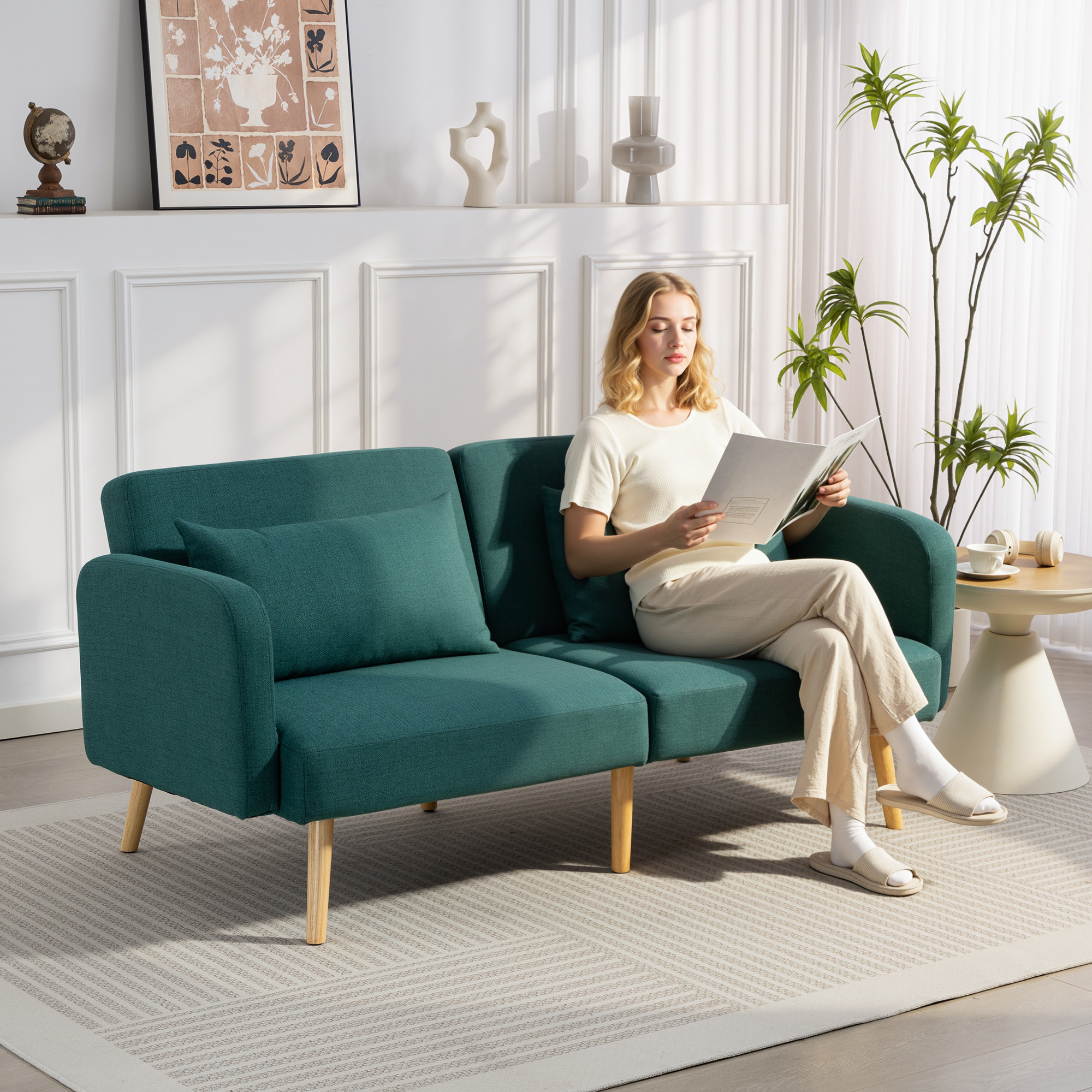 Schlafsofa, 3-Sitzer-Sofa mit Bettfunktion, 2 Kissen, Polstersofa mit verstellbarer Rückenlehne, Leinenoptik, Grün