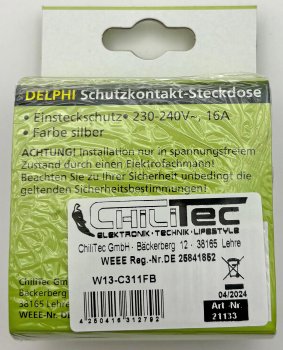 DELPHI Schutzkontakt-Steckdose, silber - 250V~/ 16A, inkl. Rahmen, Steckanschluss