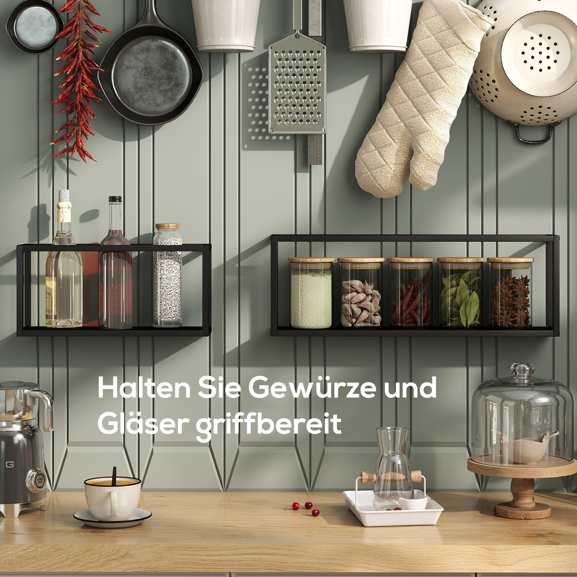 2er-Set Wandregale, 15 kg Tragkraft, für Wandmontage, Stahl, Schwarz