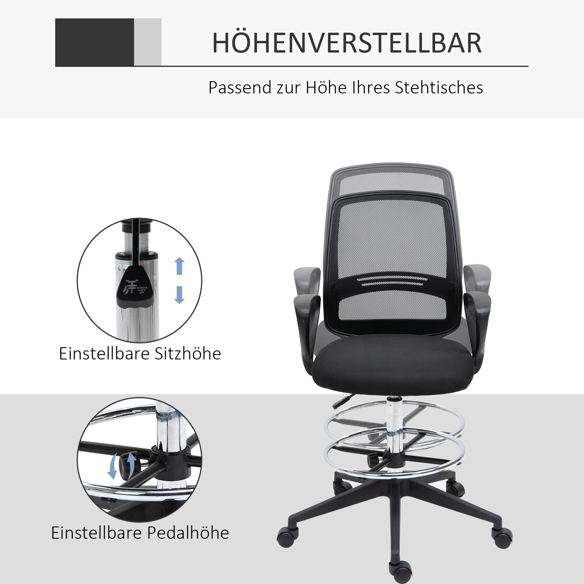 Bürostuhl Ergonomischer Schreibtischstuhl mit Armlehnen und Verstellbarer Fußring, Höhenverstellbarer Drehstuhl mit Netzbespannung Schwarz