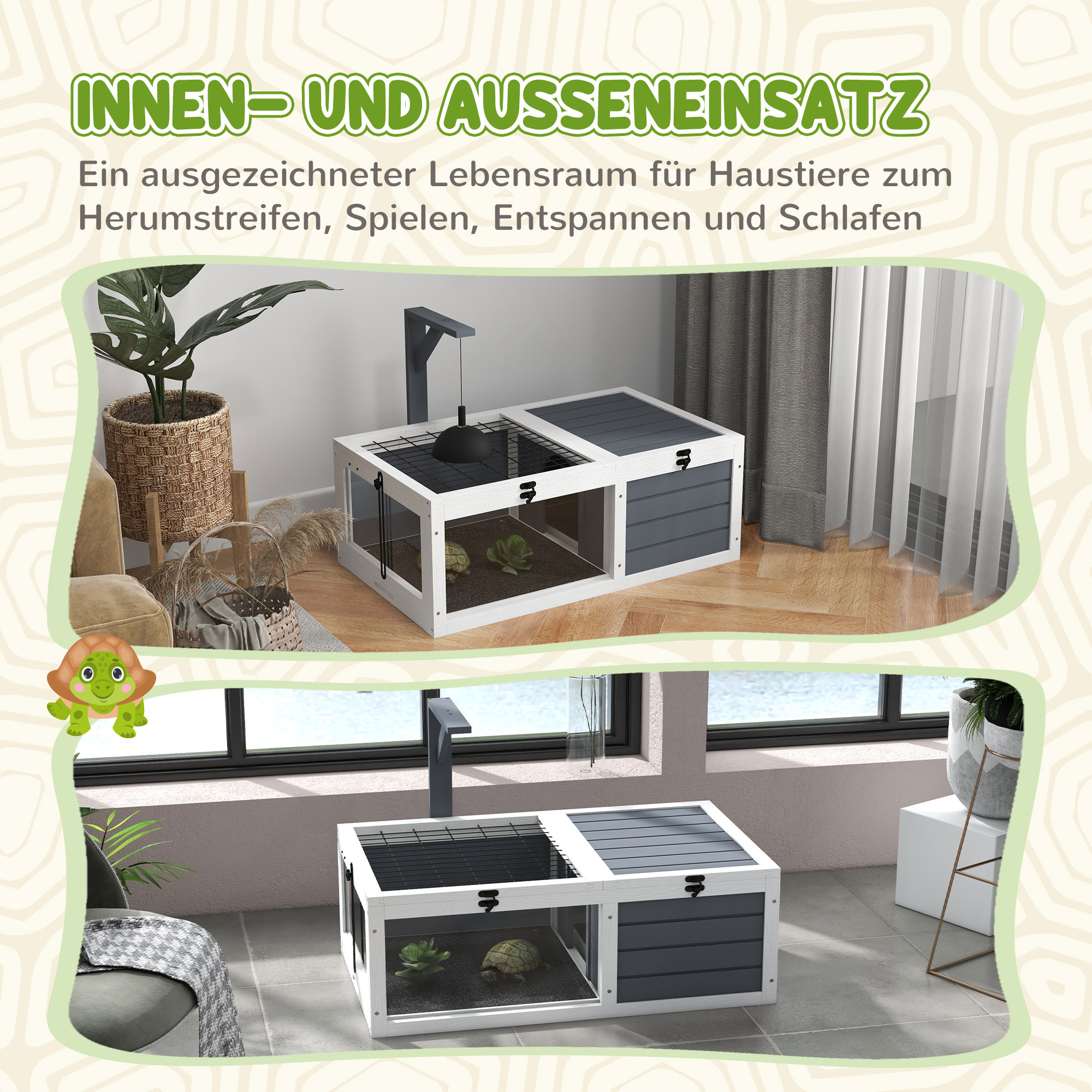 Schildkrötenhaus, Reptilienbox mit 2 Räumen, Deckel, Kunststoffschalen, Fenster, Holz, Grau