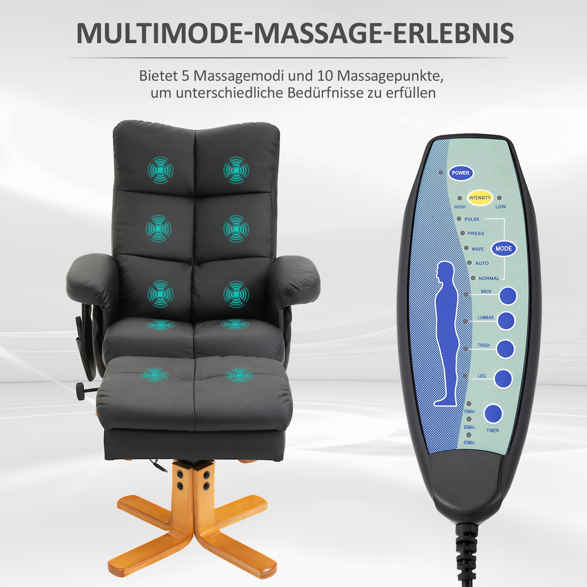 Massagesessel mit Hocker, 145° Neigbarer Relaxsessel mit Massagefunktion Liegefunktion Stauraum, TV-Sessel Fernsehsessel für Wohnzimmer, Kunstleder, 80 x 86 x 99 cm Schwarz