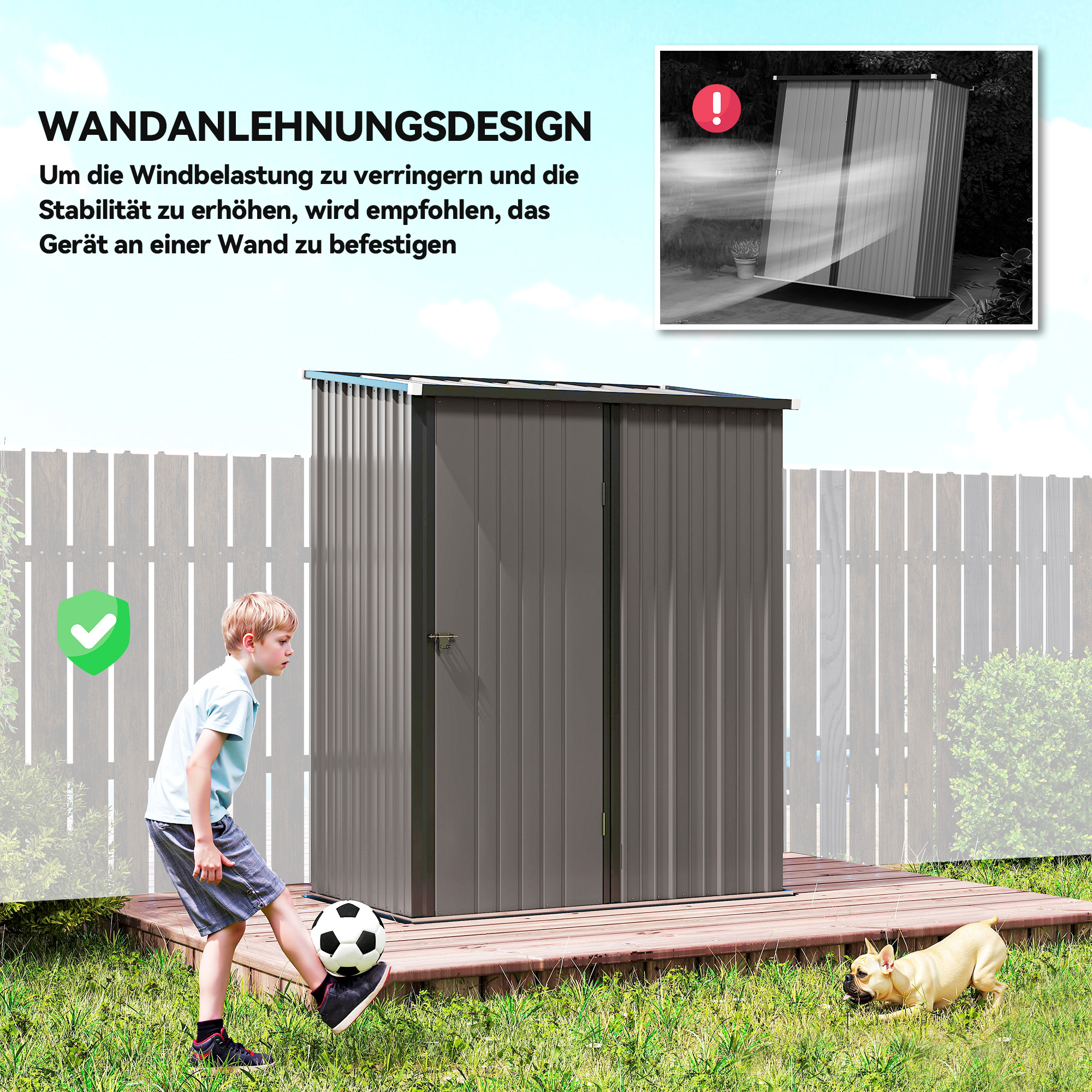 Gartenschuppen Geräteschuppen, verschließbare Tür, wetterbeständig, 161,5 cm x 94,5 cm x 196 cm, Schwarz