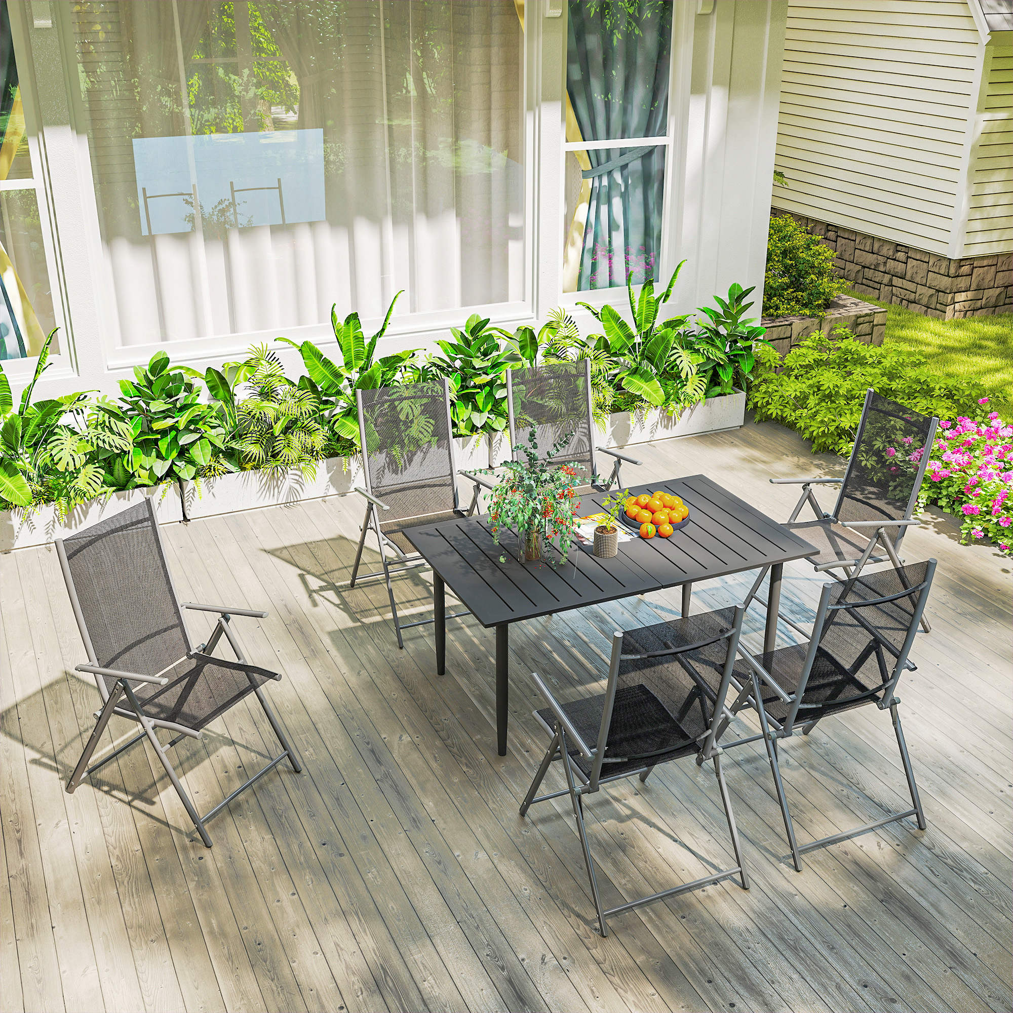 Gartentisch 150x90cm, Wetterfest Balkontisch aus Stahl, Balkontisch mit Schirmloch Schwarz