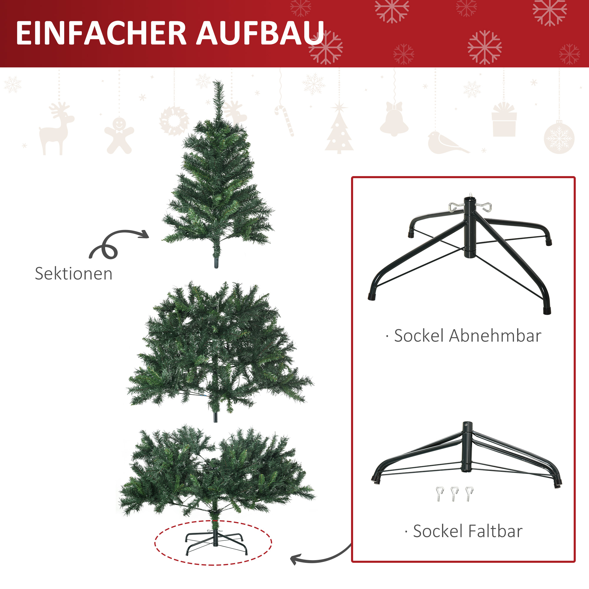 Künstlicher Weihnachtsbaum 180 cm künstlich Tannenbaum mit LED Beleuchtung, Kugeln, Christbaum mit 745 Spitzen, Weihnachtsdeko inkl, Metallständer für Drinnen
