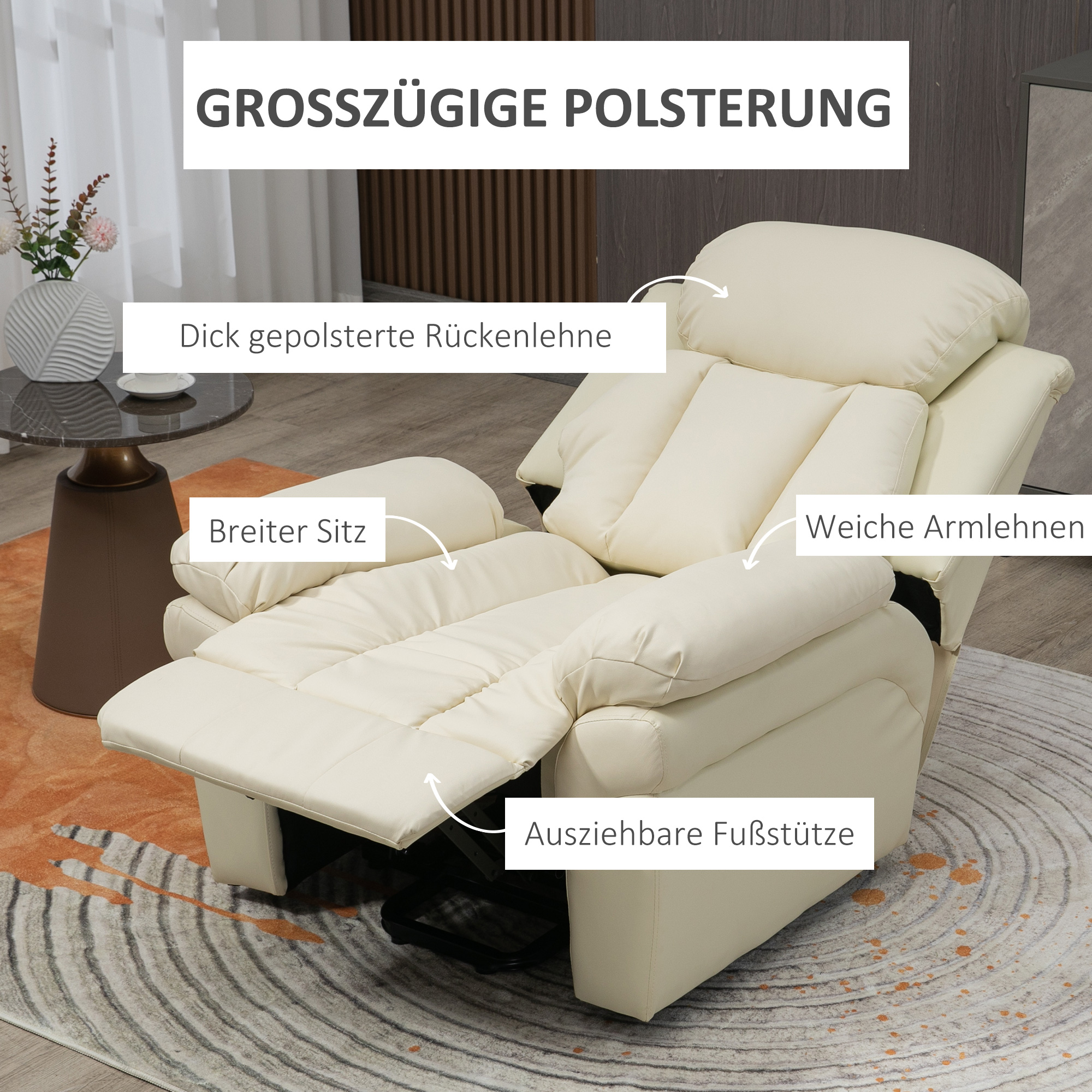 Relaxsessel mit Aufstehhilfe, inkl. Fußstütze und Kopfstütze, 1 Fernbedienung, Cremeweiß