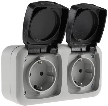 Feuchtraum Doppel-Steckdose, IP44 - 250V~/ 16A, inkl. AP-Rahmen, grau