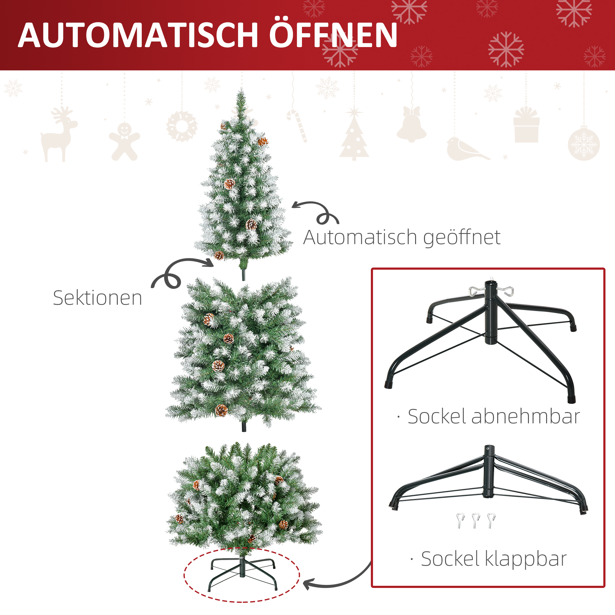 Künstlicher Weihnachtsbaum, 630 Zweige, 37 Zapfen, verschneite Spitzen, feuerfest, 180 cm