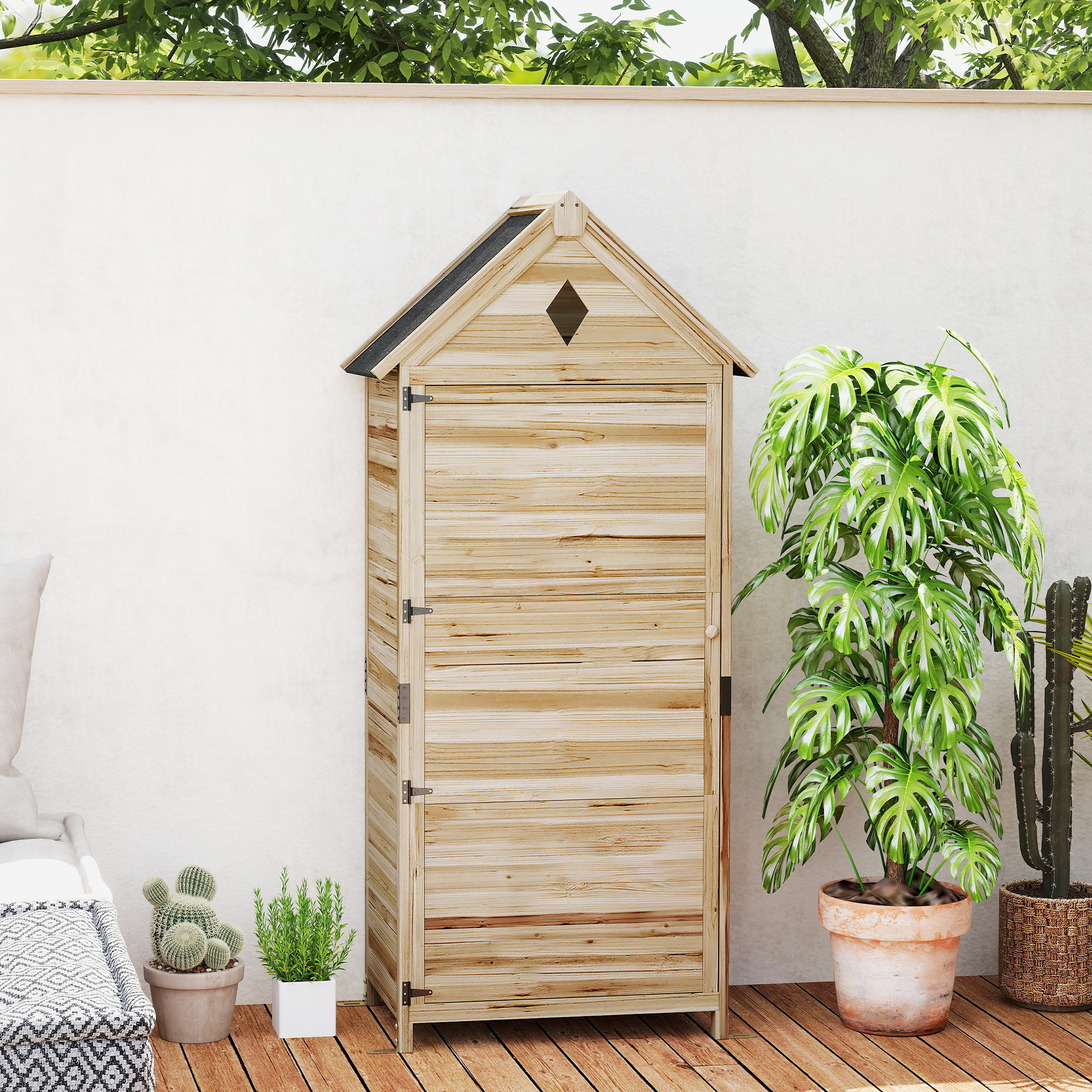 Gartenschuppen mit 4 Regalen, Lagerschuppen aus Holz, wasserdichtes Asphalt-Dach, 80 x 49 x 170 cm, Hellbraun