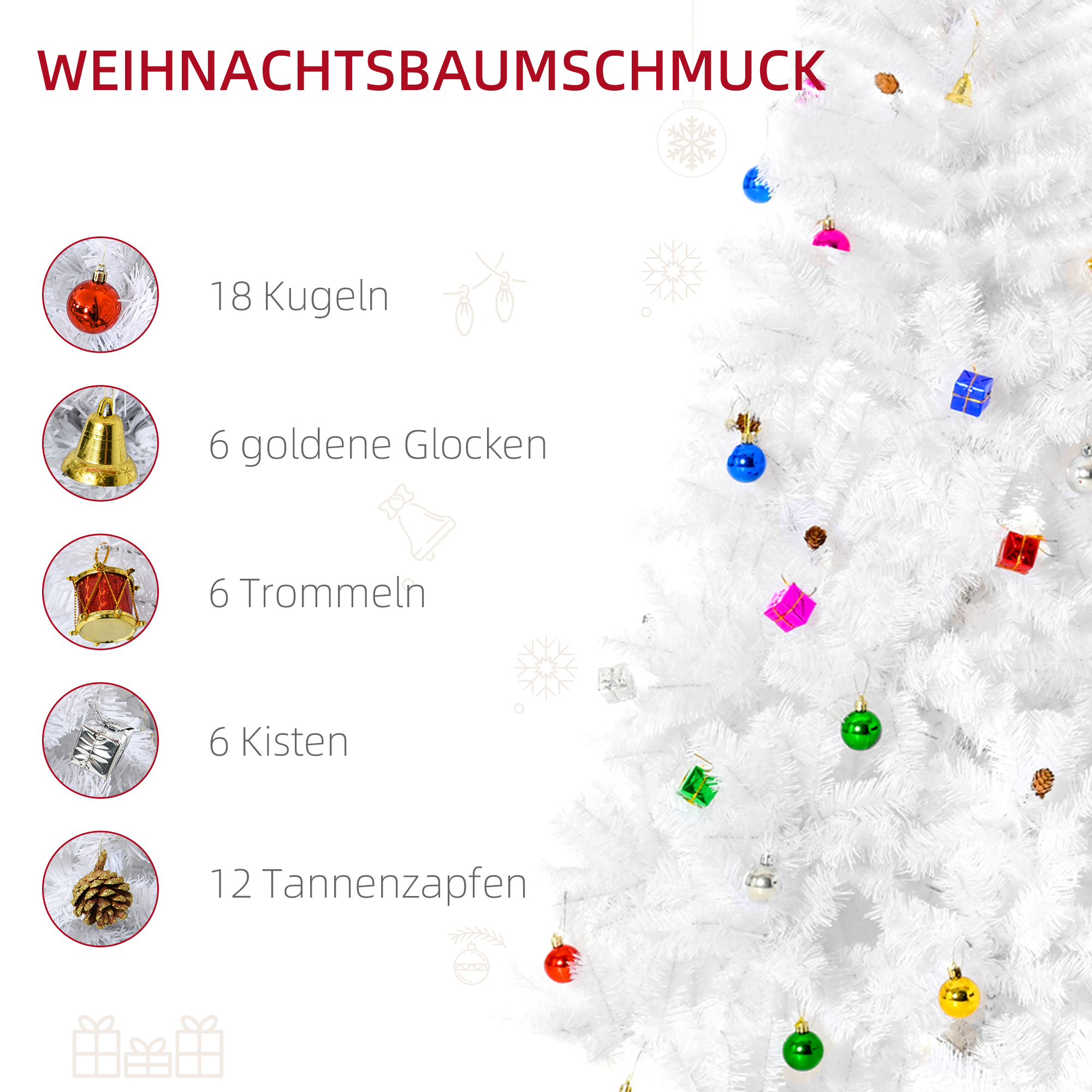 Künstlicher Weihnachtsbaum 180 cm künstlich Tannenbaum mit Kugeln, Glocken, Trommeln, Geschenkboxen, Christbaum mit 930 Spitzen, 12 Tannenzapfen Weihnachtsdeko inkl, Metallständer für drinnen