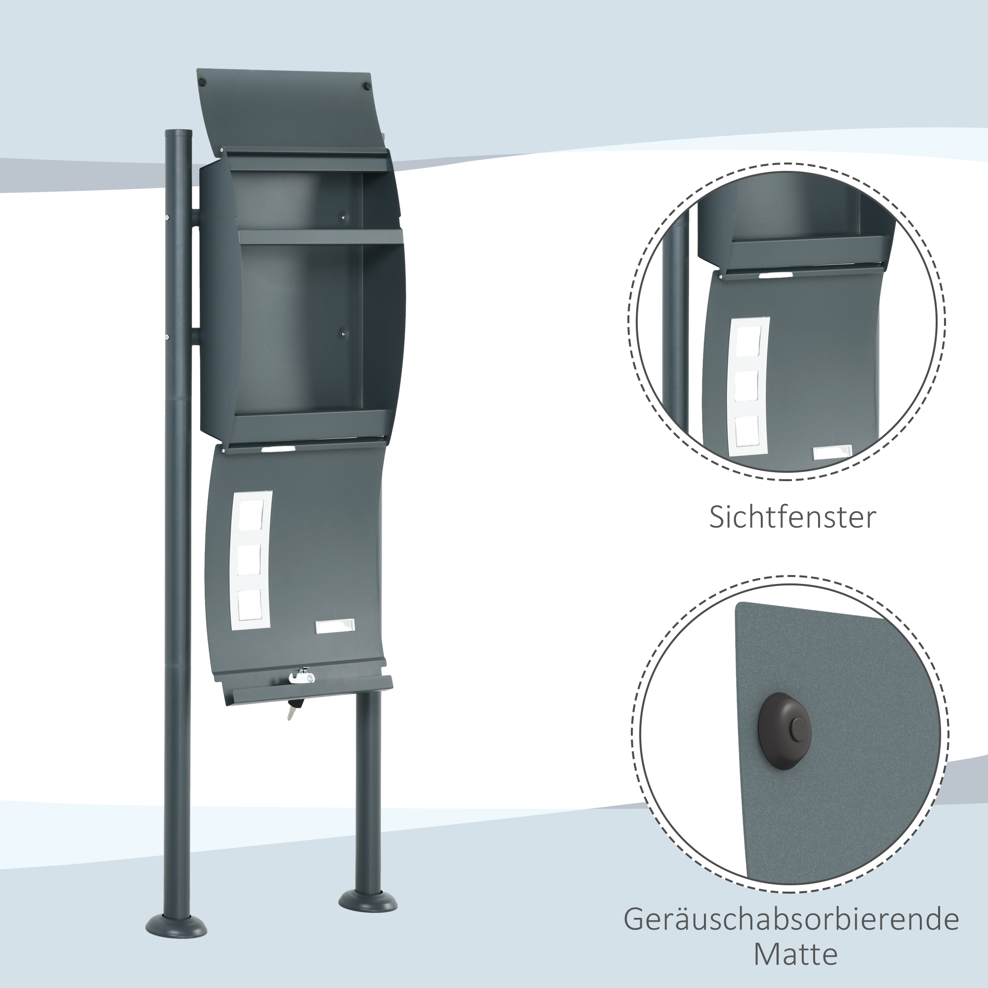 Briefkasten Postkasten, Verriegelung, Standbriefkasten, 2 Schlüssel, Stahl, 44 cm x 15 cm x 114 cm,  Grau