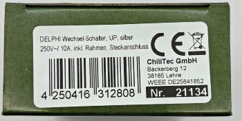 DELPHI Wechsel-Schalter, UP, silber - 250V~/ 10A, inkl. Rahmen, Steckanschluss