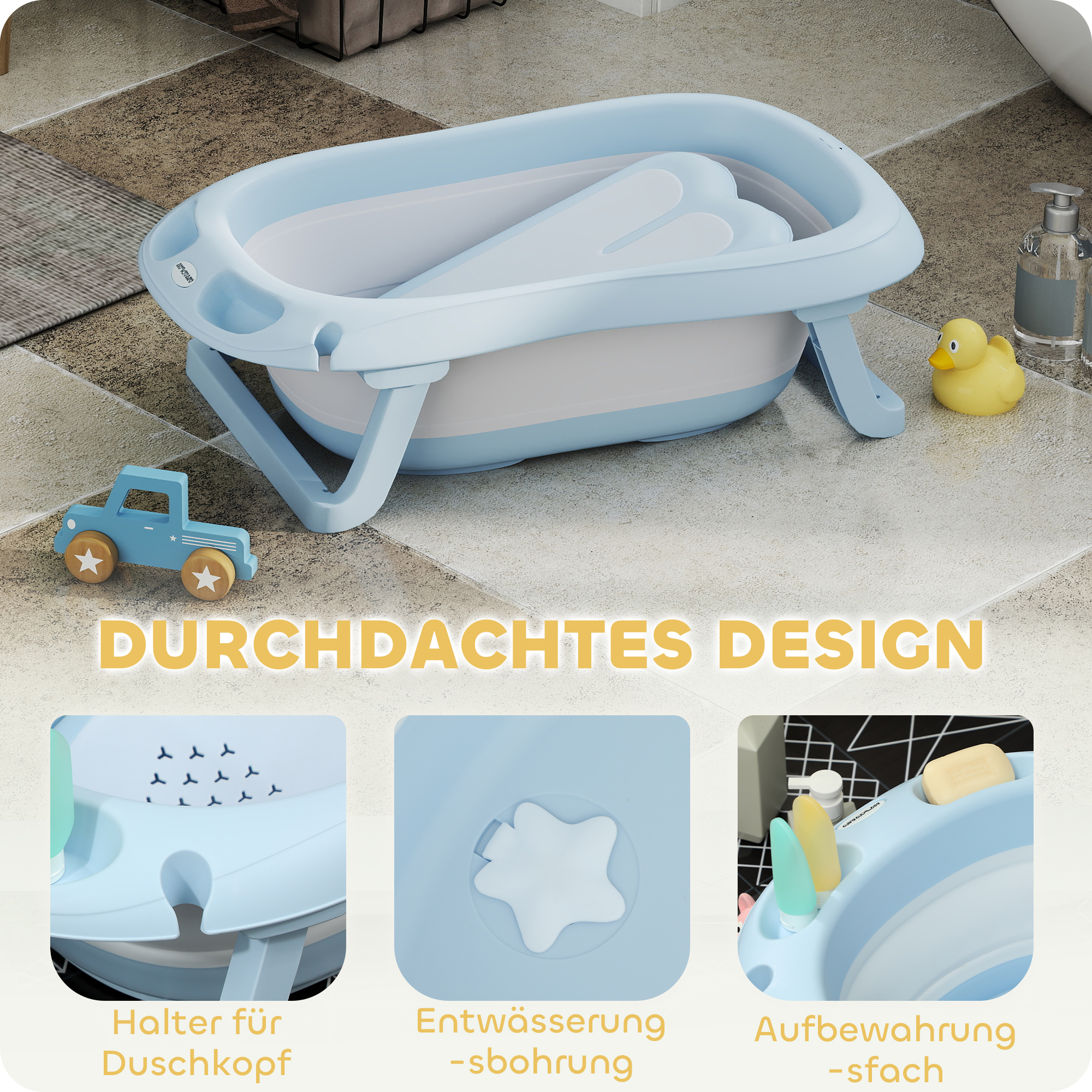 Babybadewanne, faltbar, rutschfester Boden, sichere Materialien, 83L x 48B x 23,5H cm, Hellblau